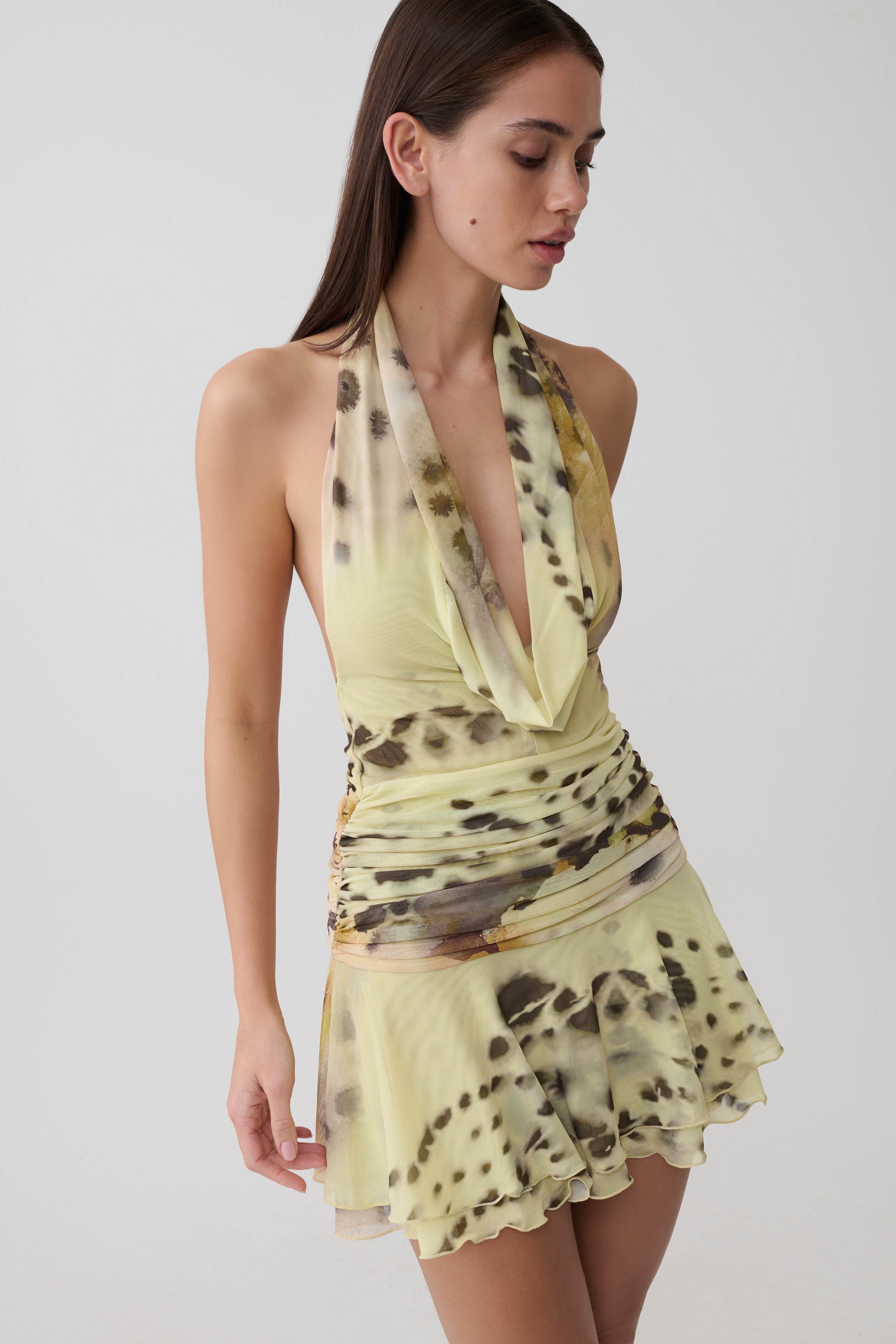 Adalee Mesh Halter Mini Dress - Yellow Floral Leopard Print - Image 4