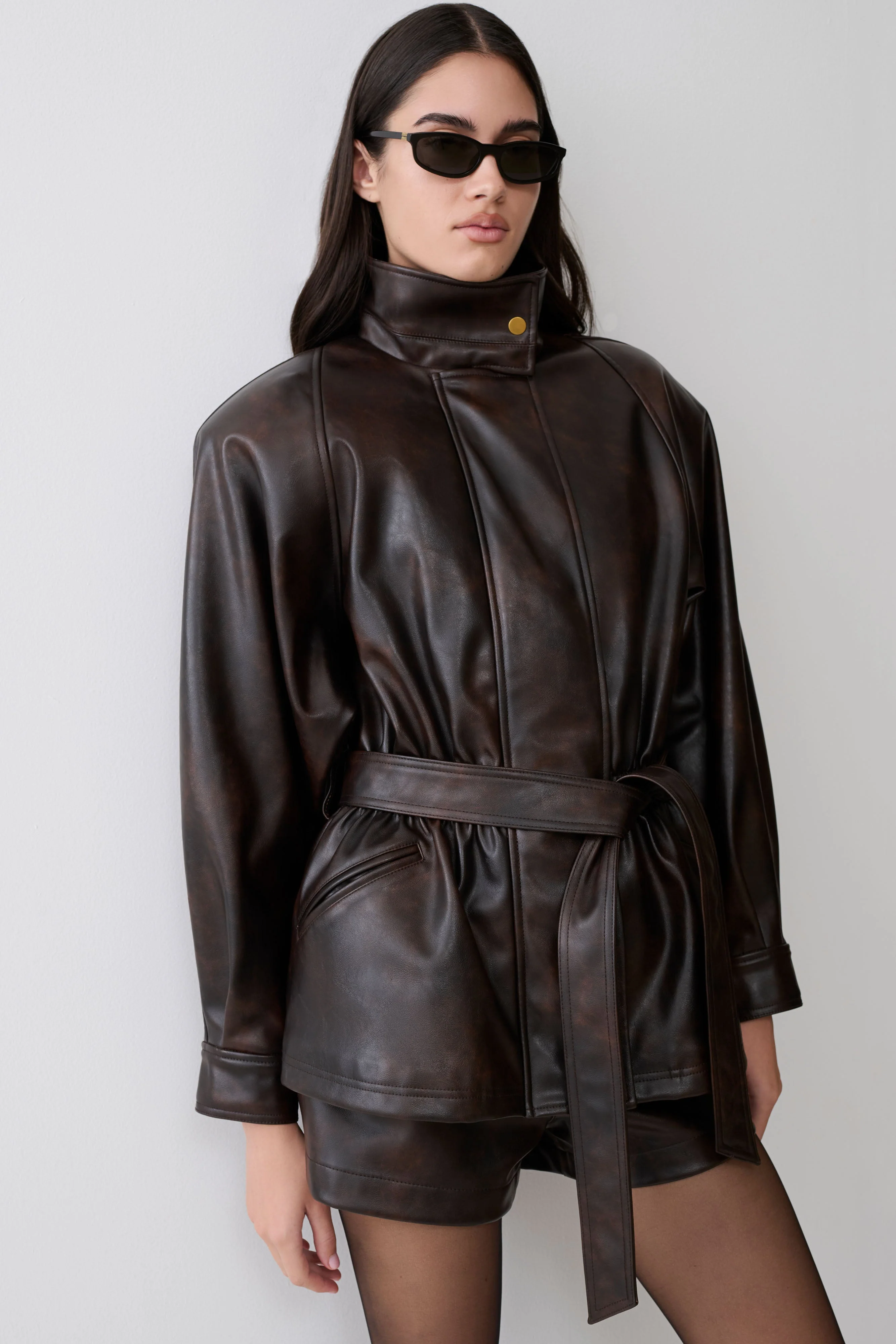 Adaline Faux Leather Cinch Waist Jacket - Dark Chocolate - Image 3