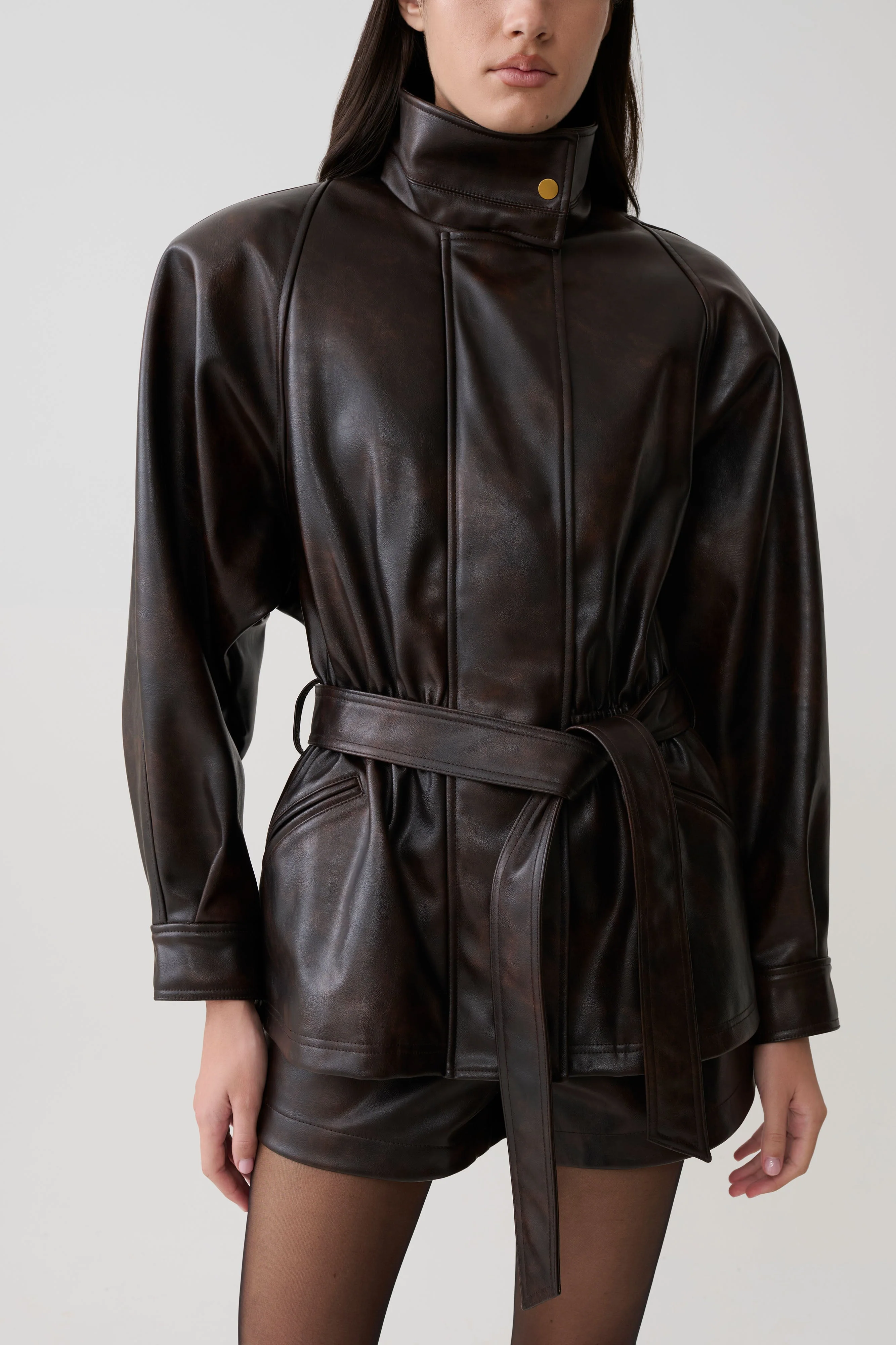 Adaline Faux Leather Cinch Waist Jacket - Dark Chocolate - Image 4