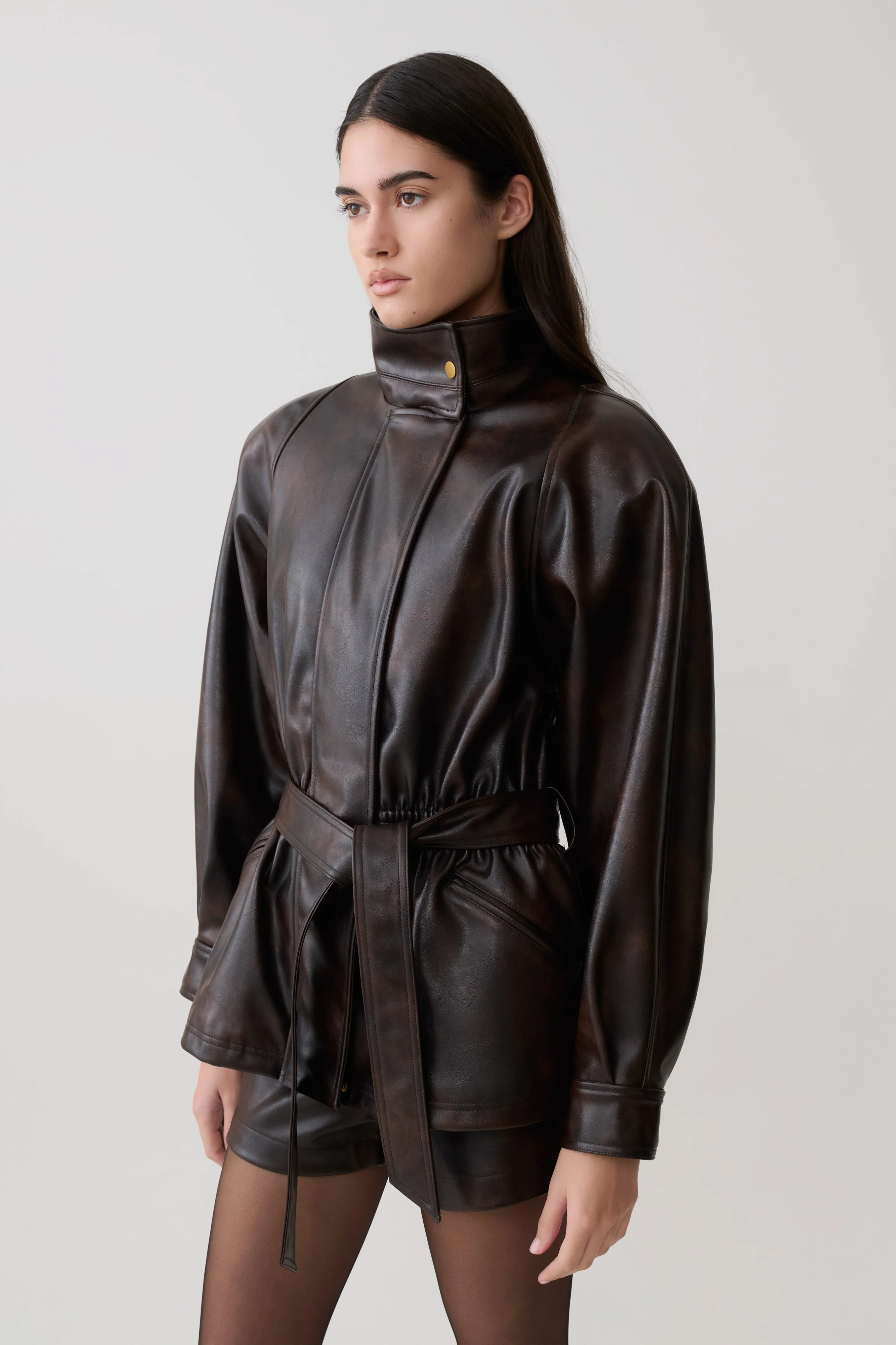 Adaline Faux Leather Cinch Waist Jacket - Dark Chocolate - Image 5