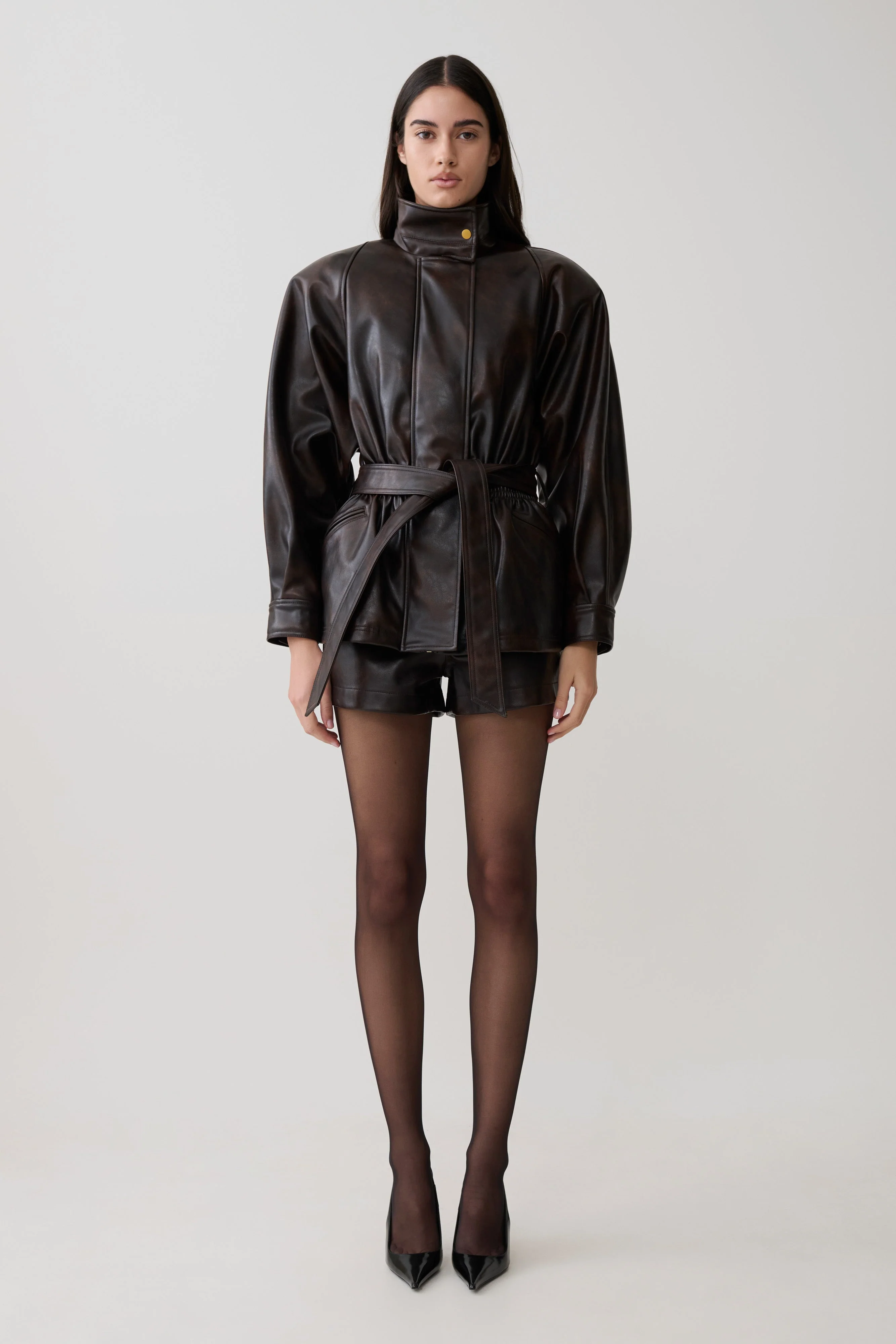 Adaline Faux Leather Cinch Waist Jacket - Dark Chocolate - Image 7
