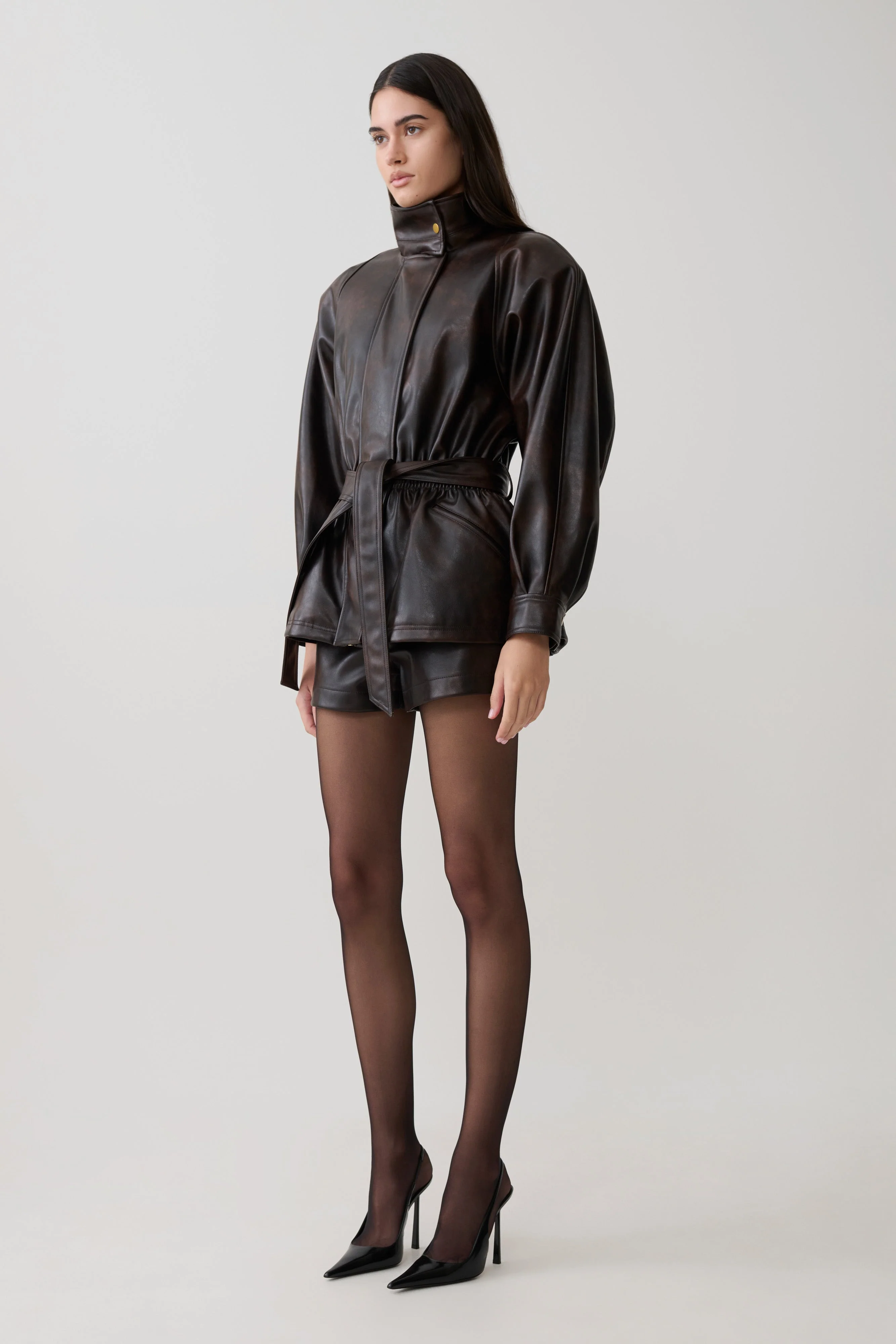 Adaline Faux Leather High Waisted Shorts - Dark Chocolate - Image 4
