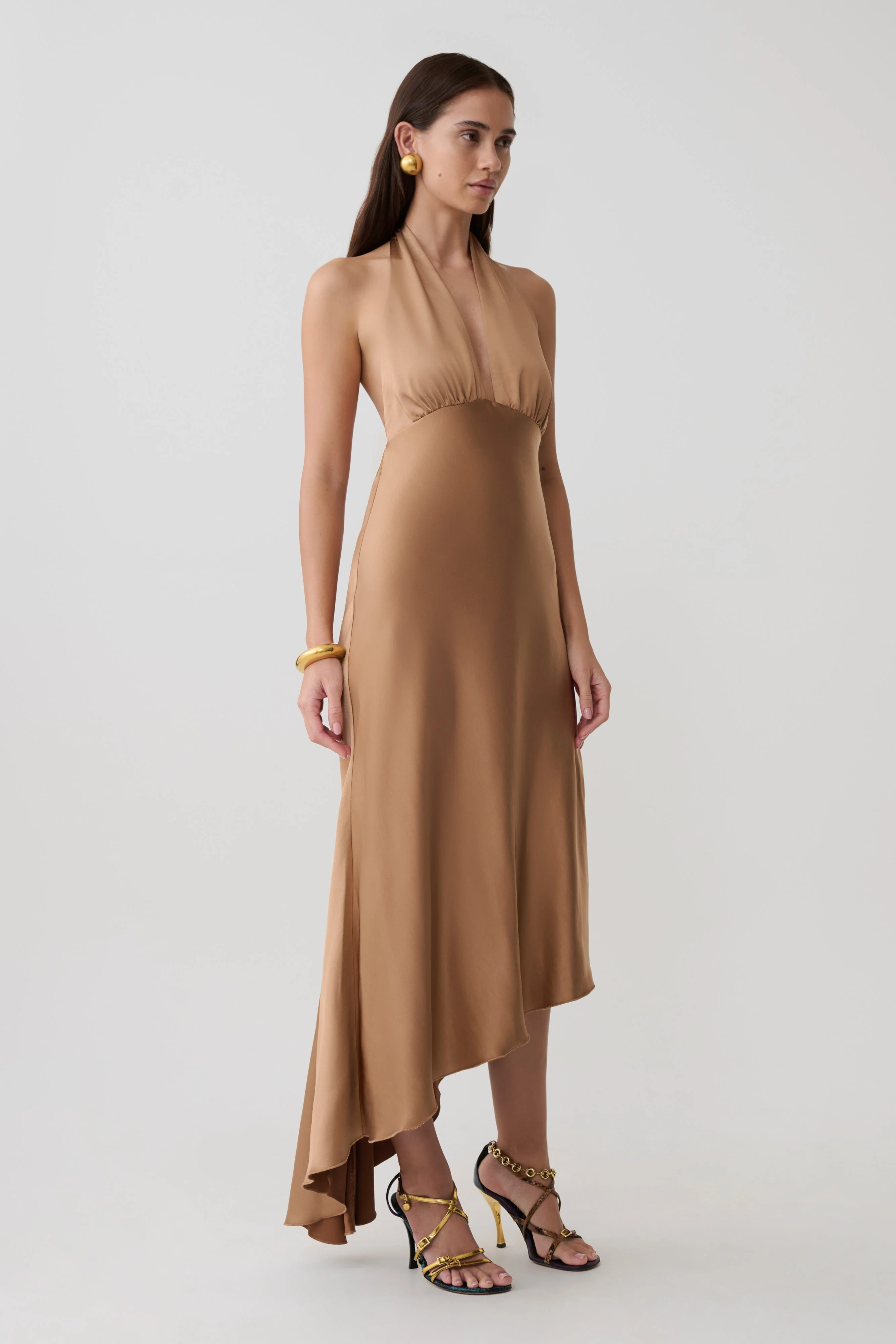 Adelie Asymmetric Hem Halter Midi Dress - Cognac - Image 4