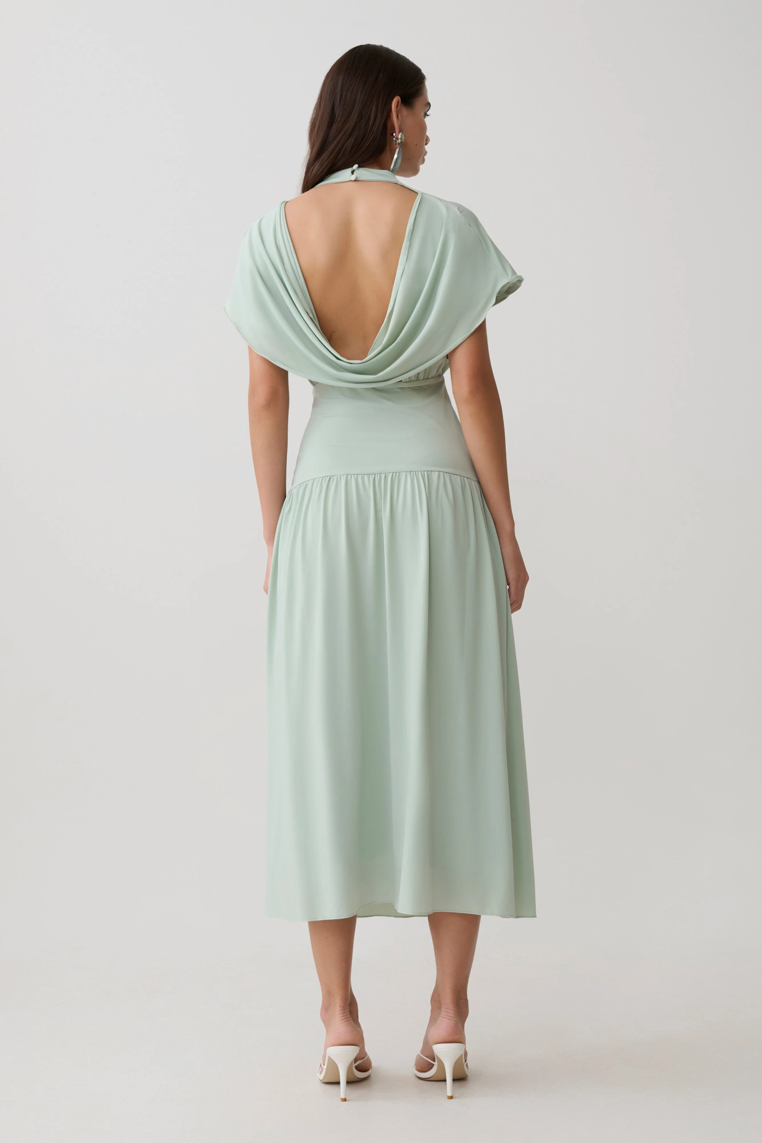 Ailla High Neck Cowl Midi Dress - Aqua Grey - Image 2