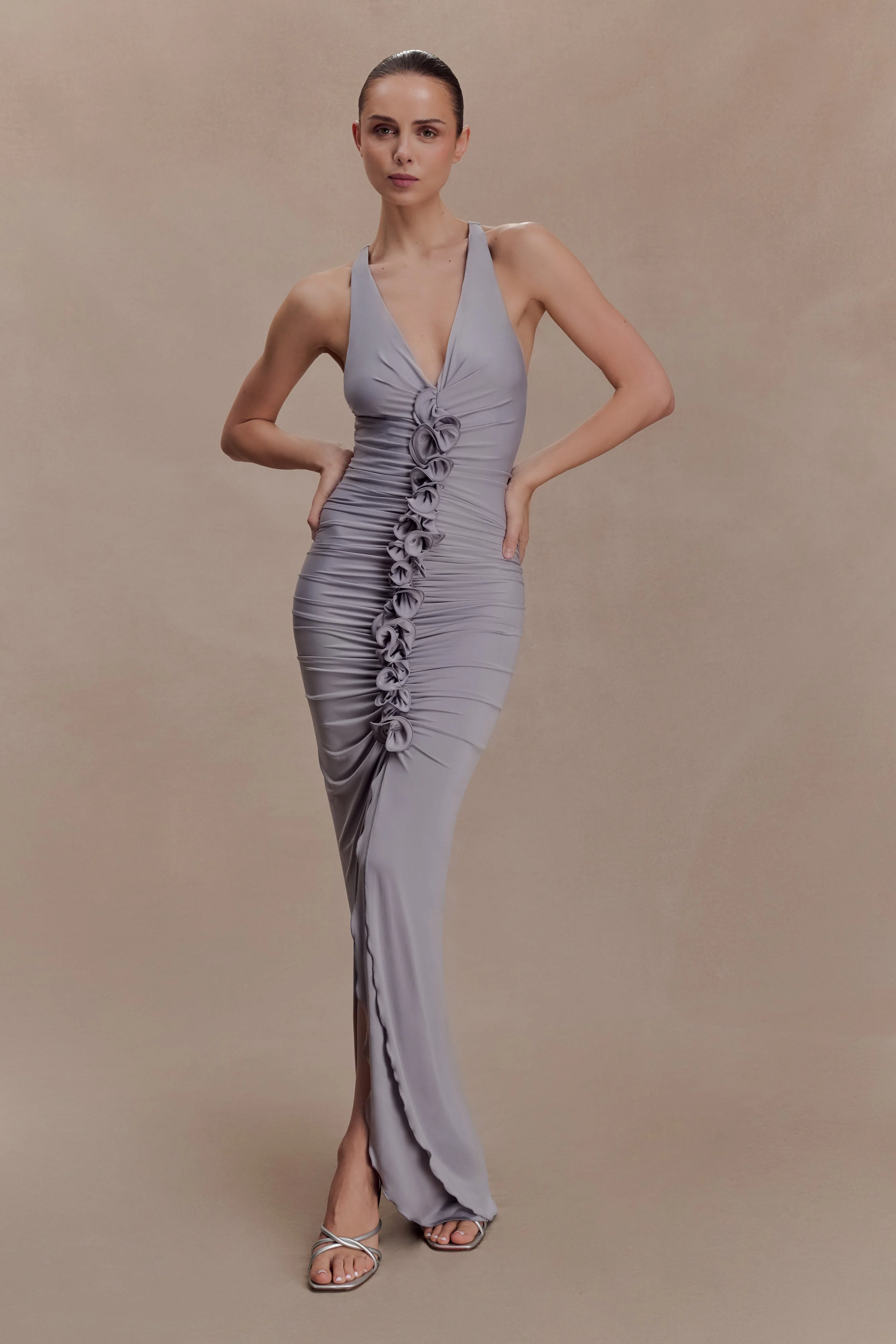 Alessandra Slinky Ruffle Maxi Dress - Grey - Image 6