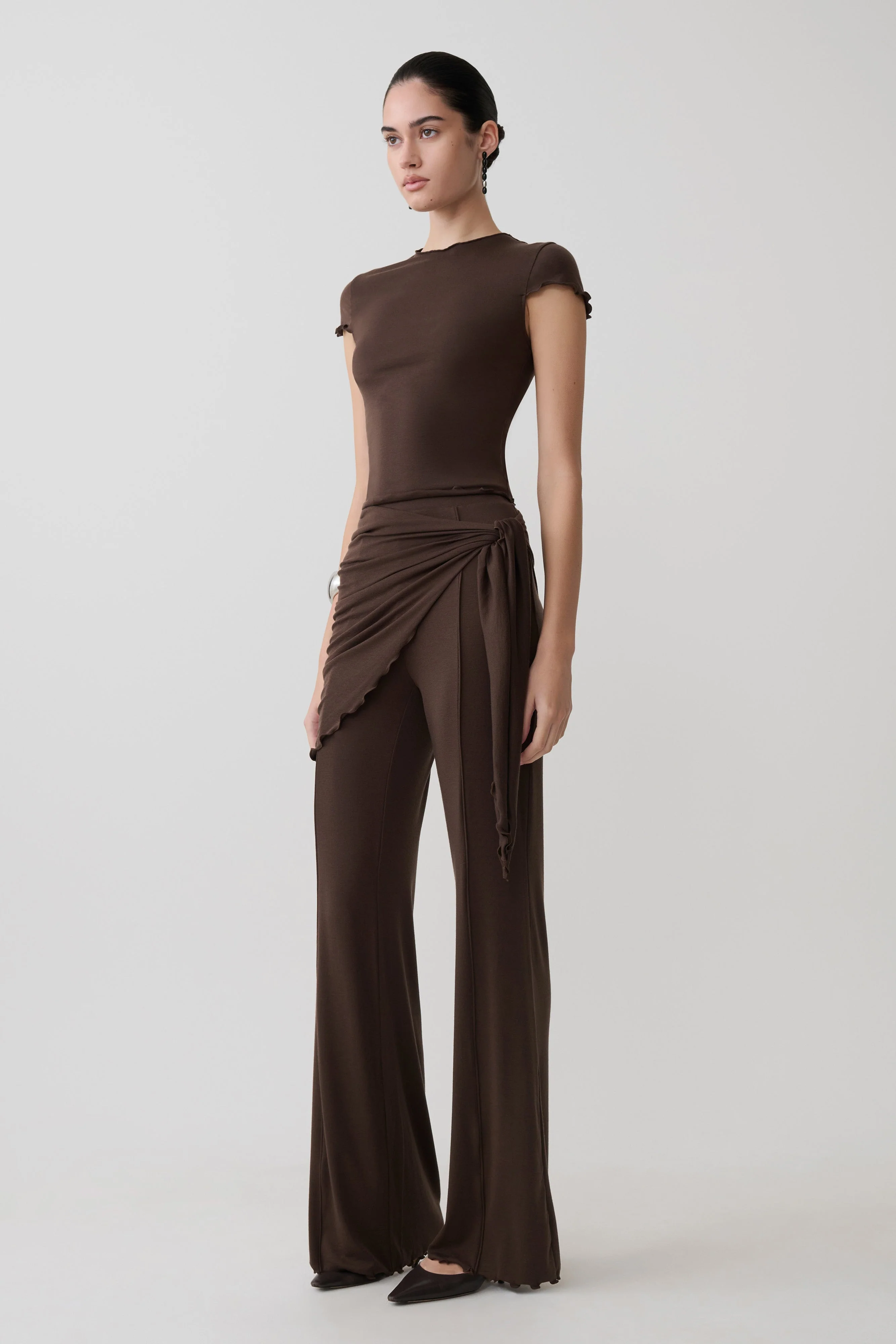 Anfie High Neck Top With Piping Detail - Dark Chocolate - Image 4