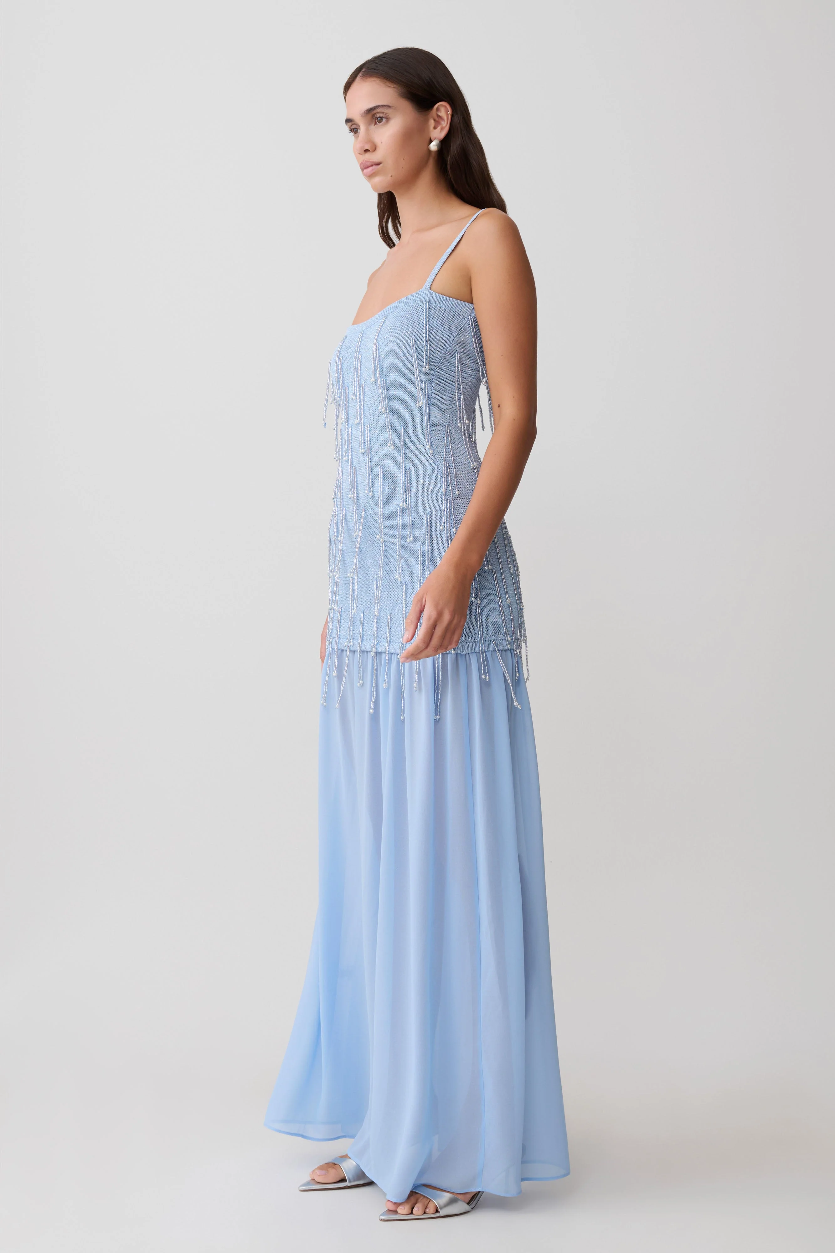 Belinda Beaded Knit & Chiffon Maxi Dress - Light Blue - Image 4