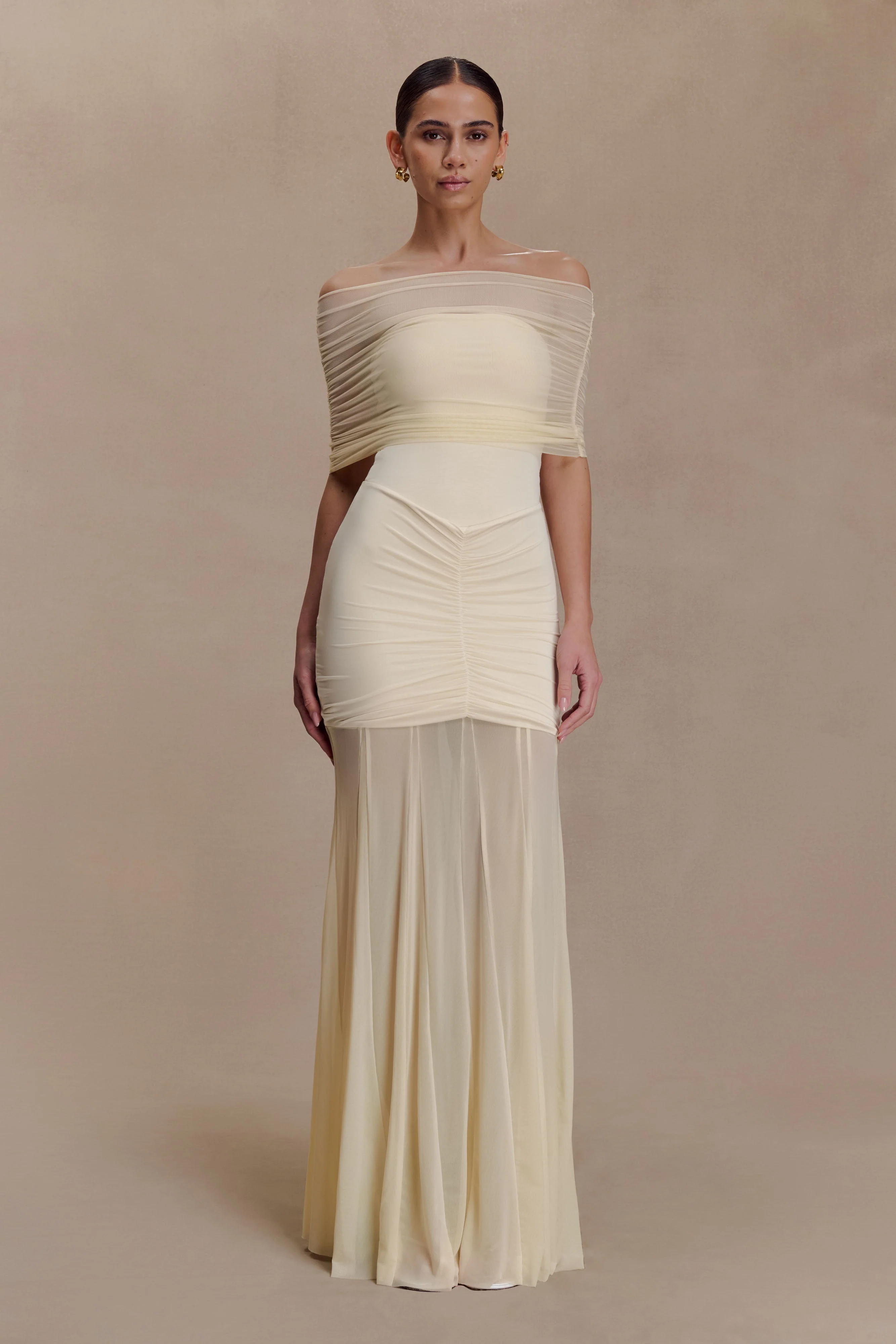 Caspian Slinky And Mesh Off Shoulder Maxi Dress - Ivory - Image 2