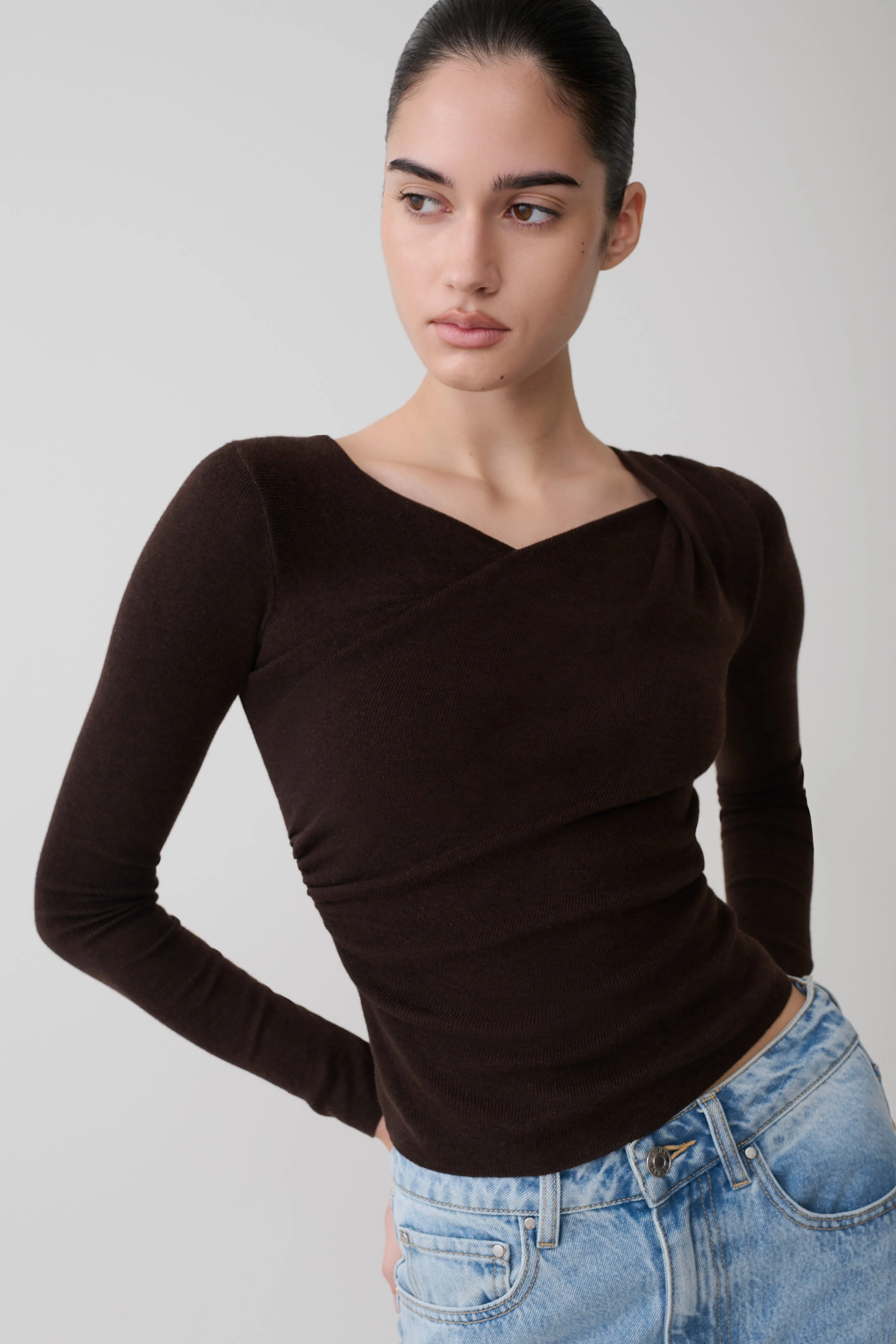 Culver Draped Twist Knit Top - Chocolate - Image 3