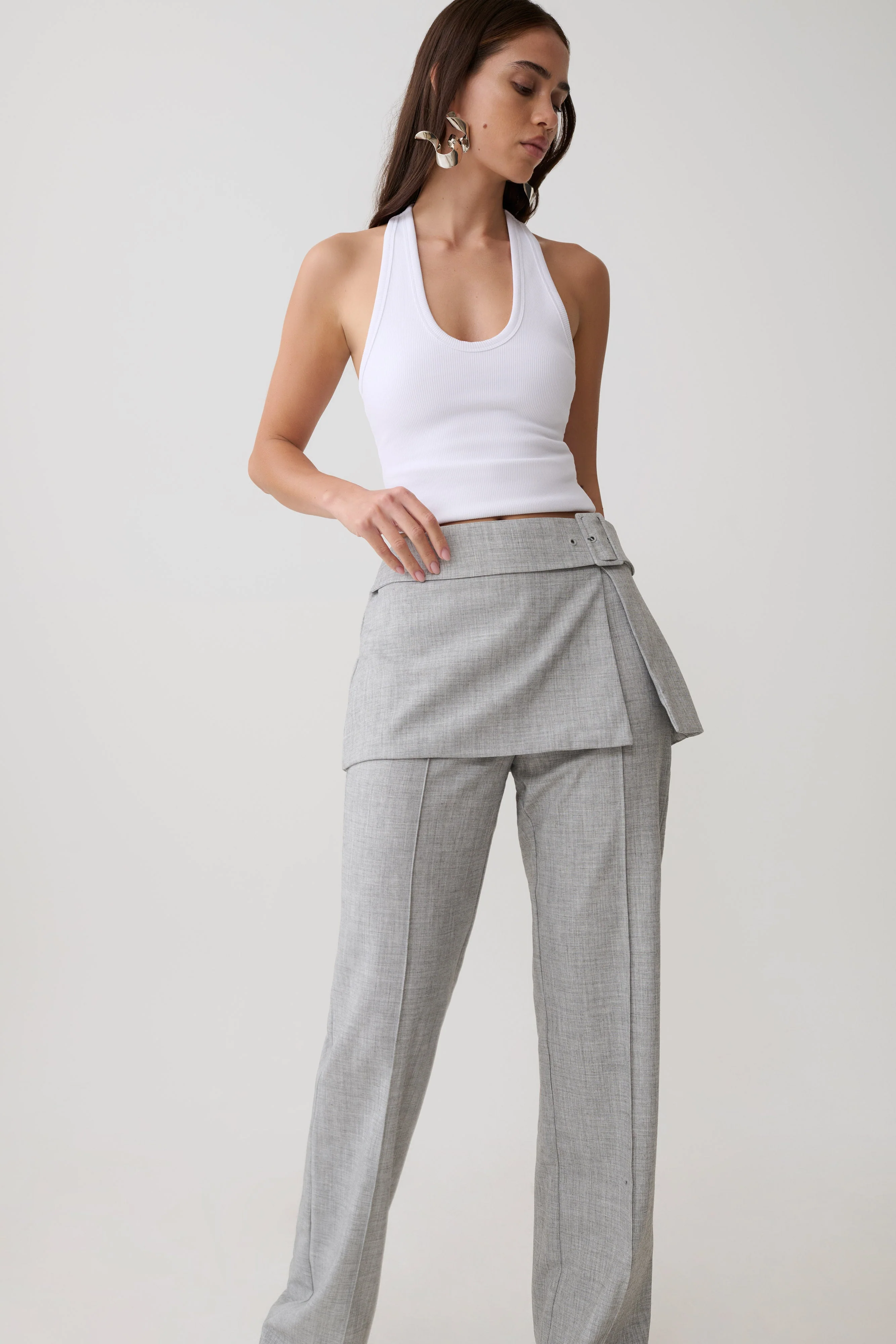 Daisy Wrap Skirt Straight Leg Pants - Charcoal Marle - Image 3