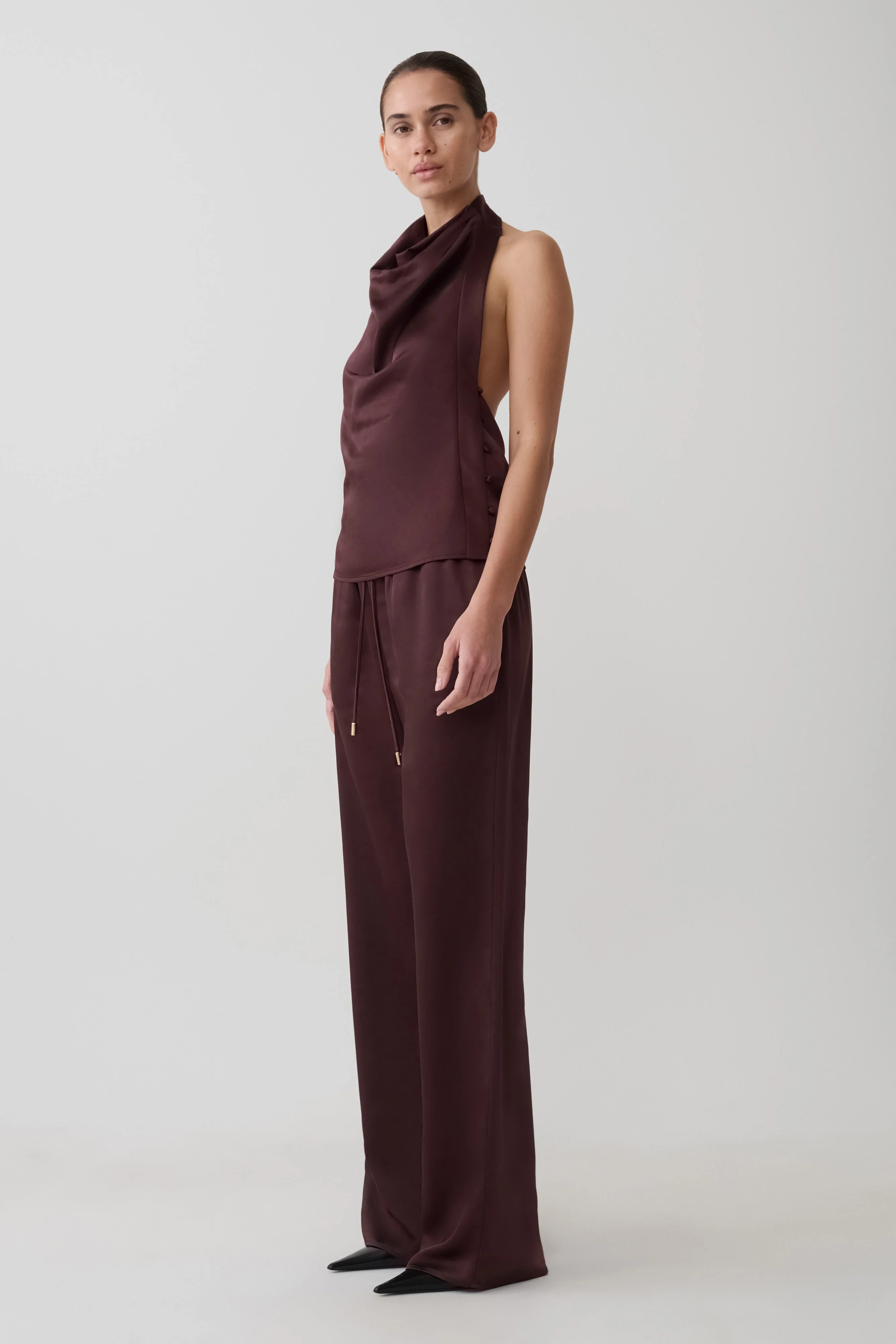 Danica Satin Halter Sleeveless Top - Mahogany - Image 3
