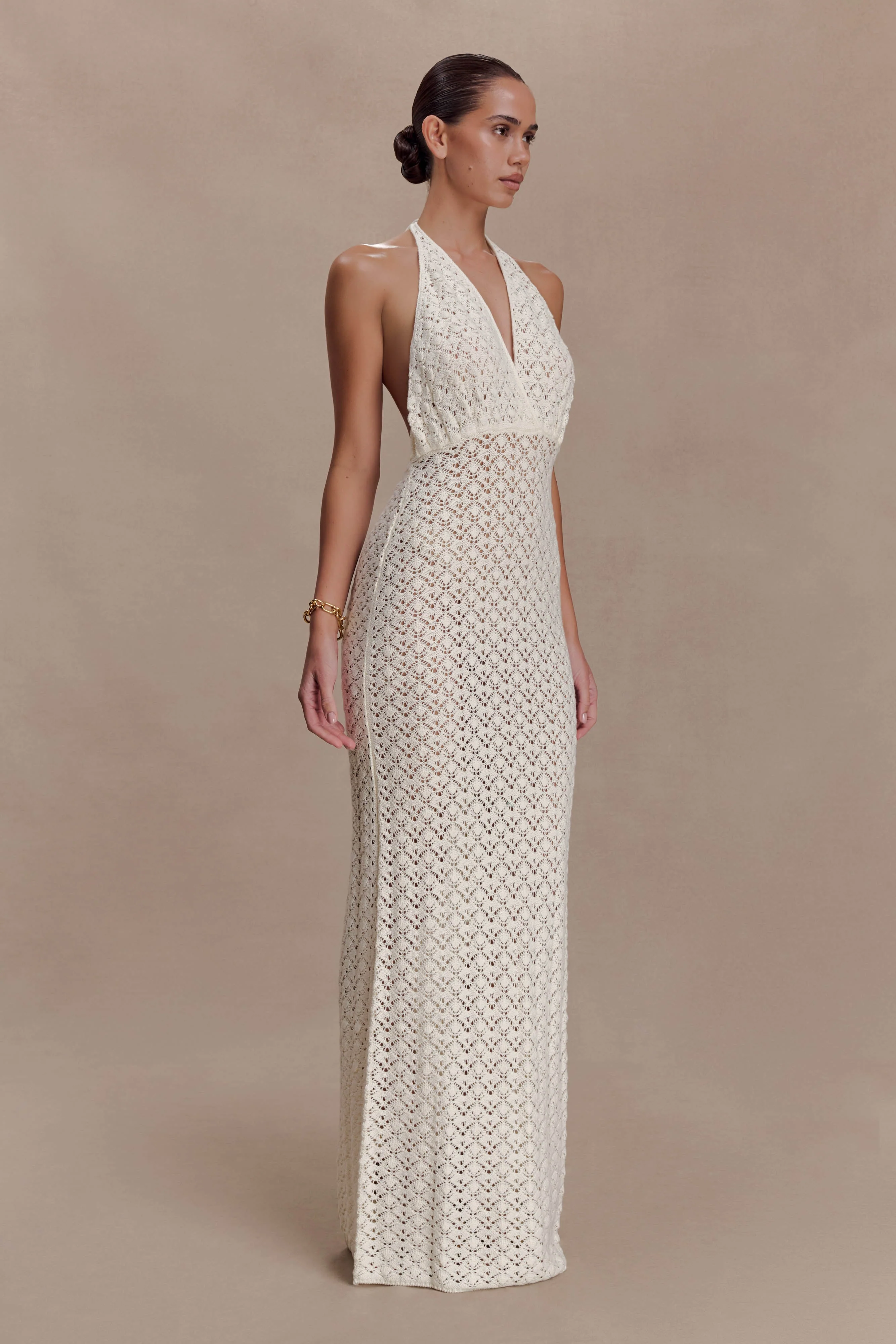 Deeliah Halterneck Crochet Maxi Dress - Ivory - Image 4