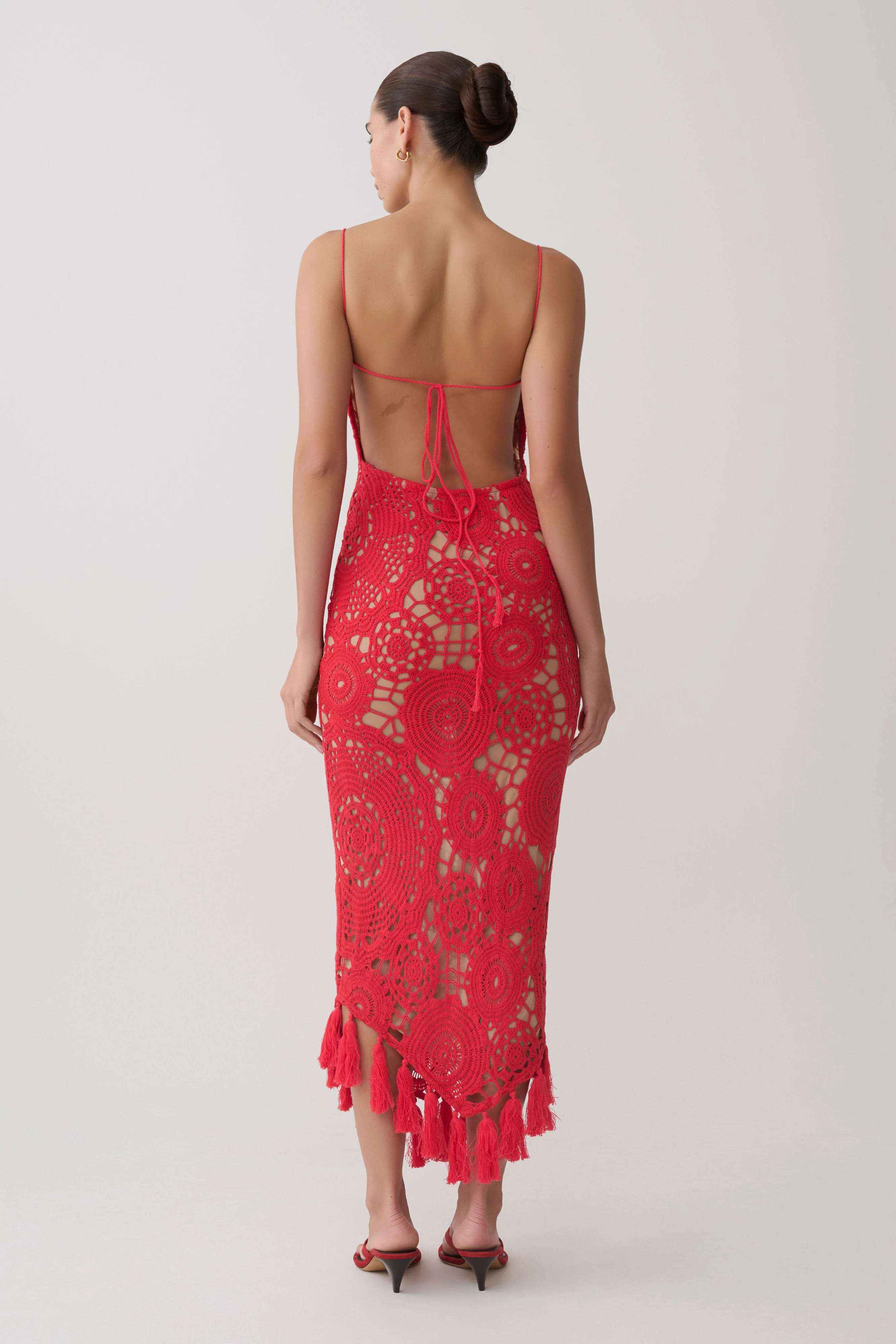 Delta Crochet Halter Midi Dress - Red - Image 2