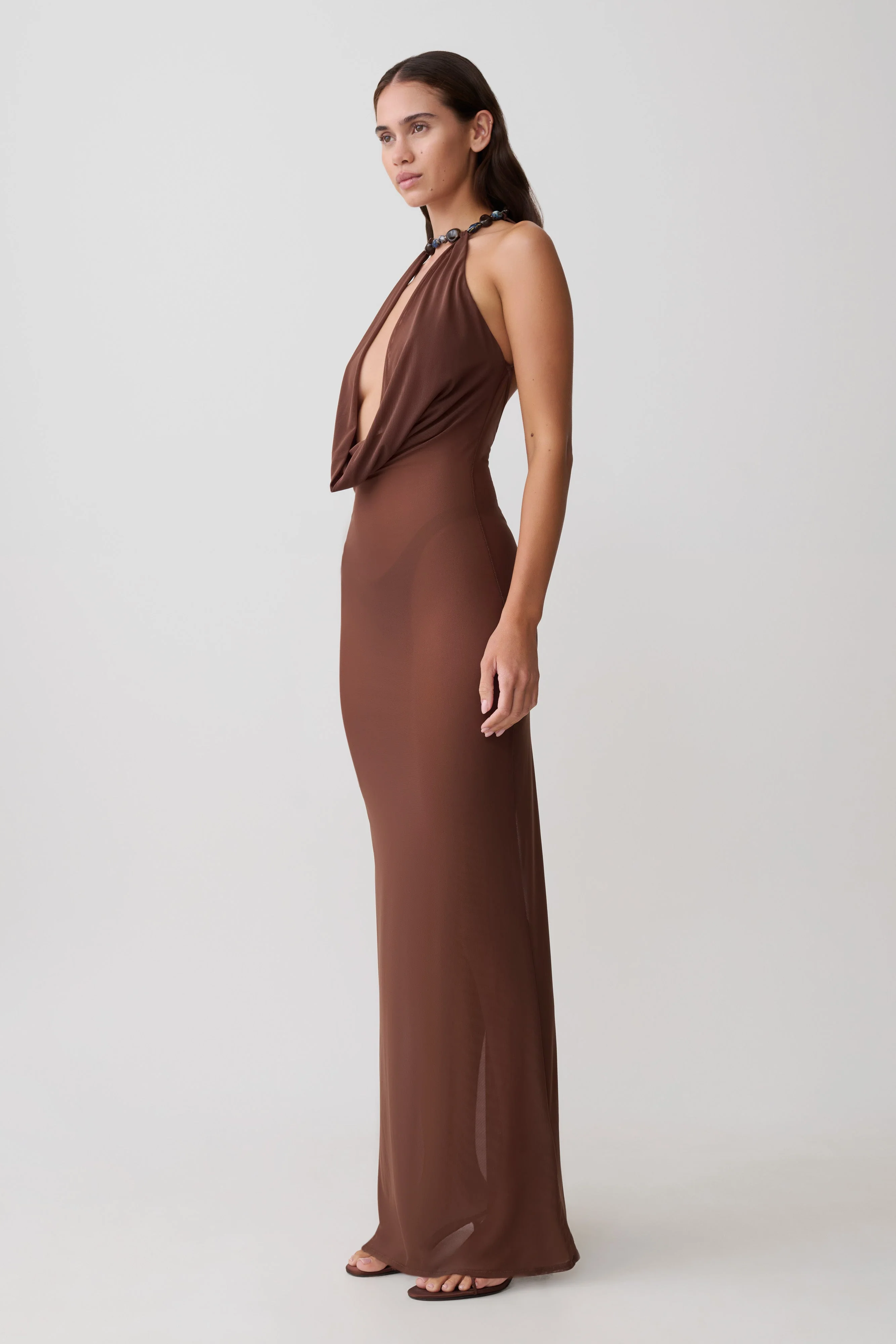 Ethal Mesh Cowl Neck Beaded Maxi Dress - Chocolate - Image 4