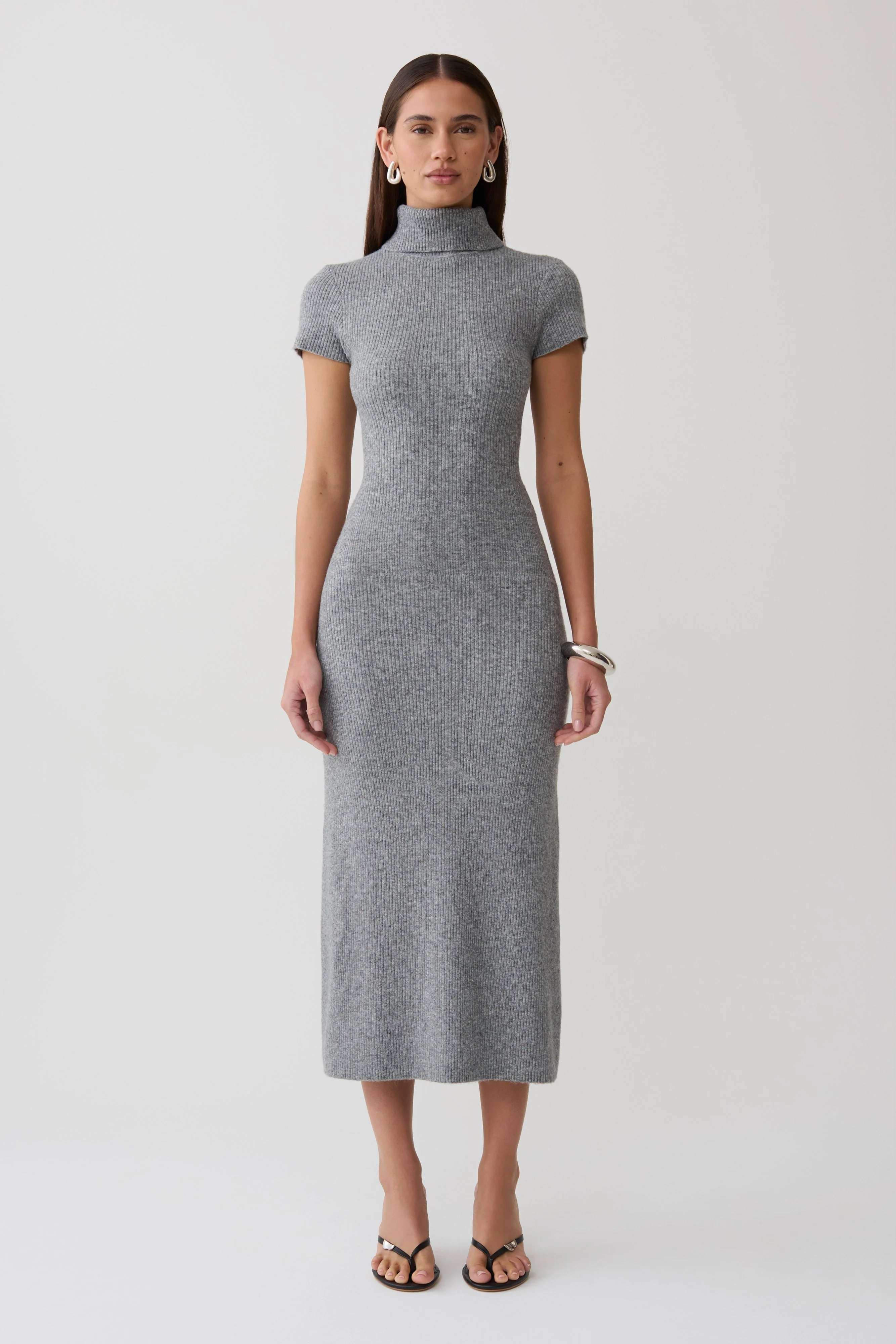 Goldie High Neck Knit Midi Dress - Grey Marle - Image 2