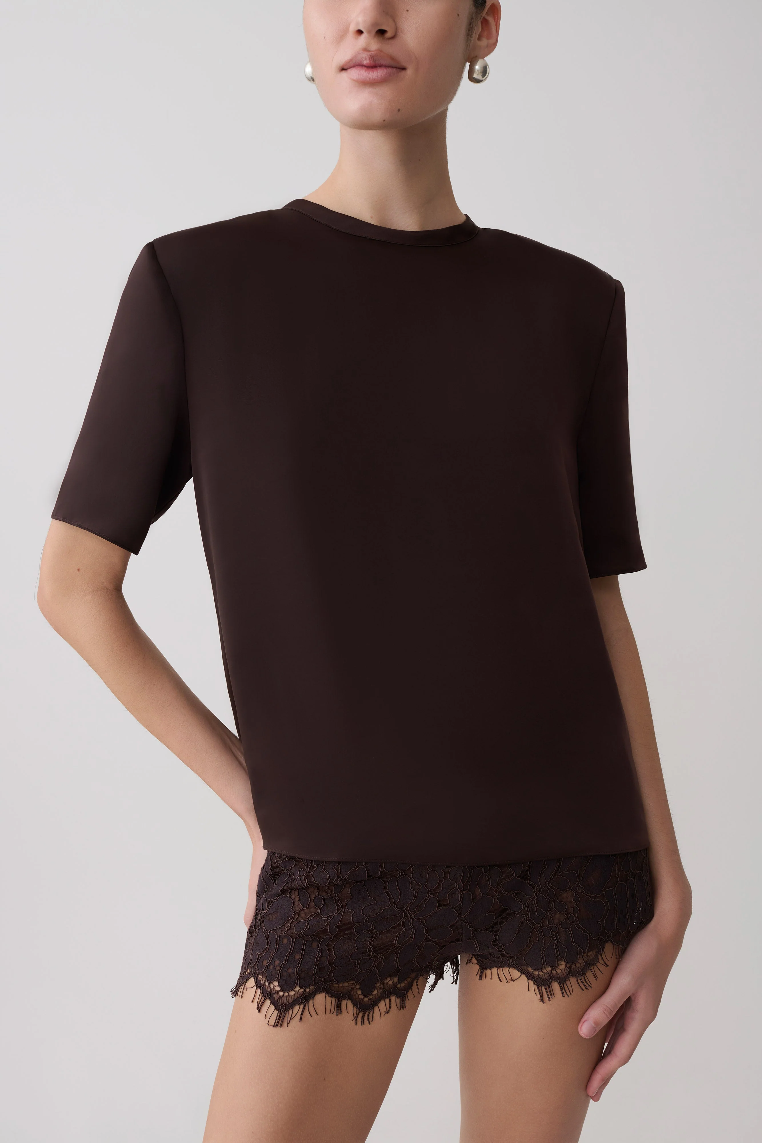 Harlyn Shoulder Pad Short Sleeve Satin Top - Dark Chocolate - Image 3