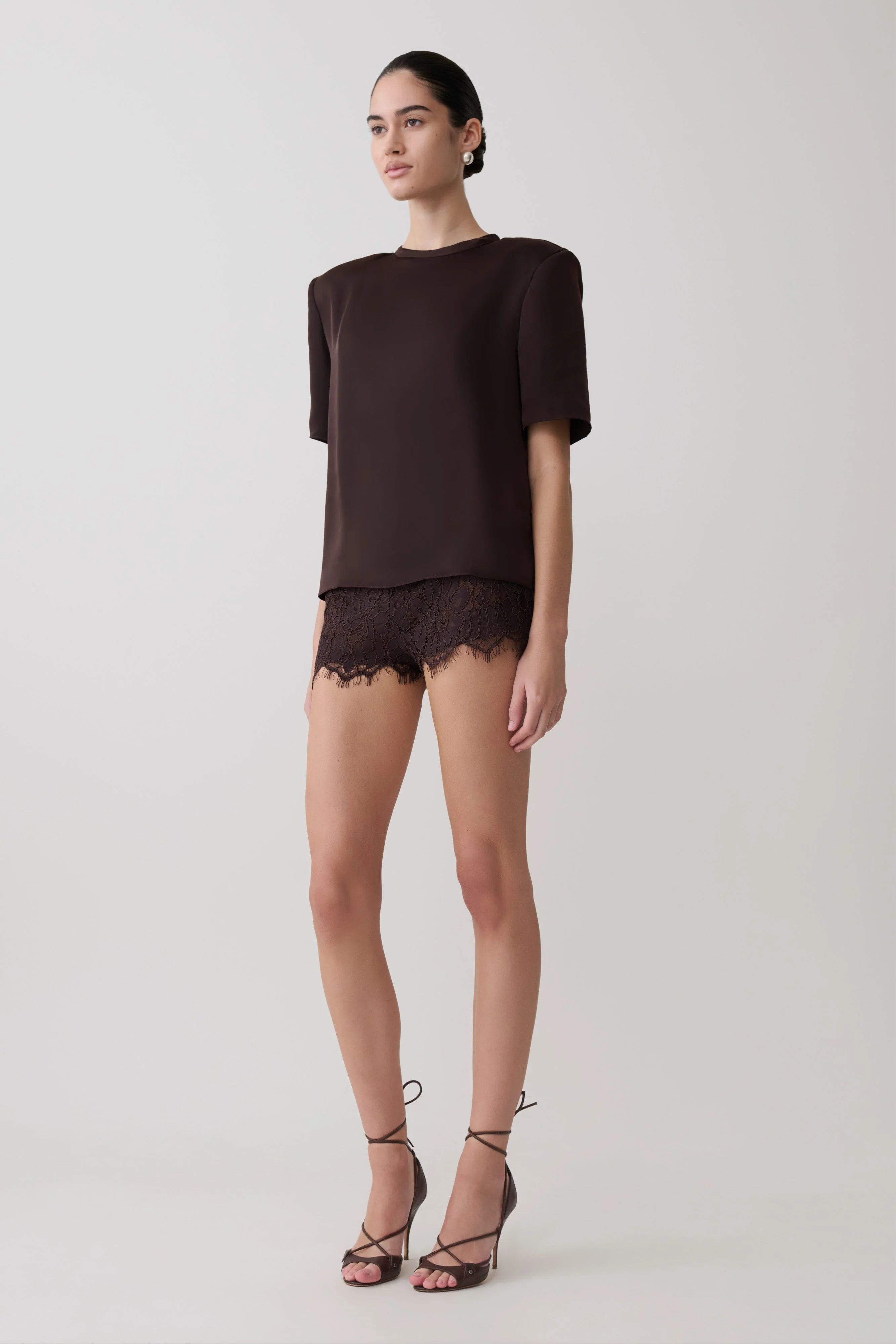 Harlyn Shoulder Pad Short Sleeve Satin Top - Dark Chocolate - Image 4