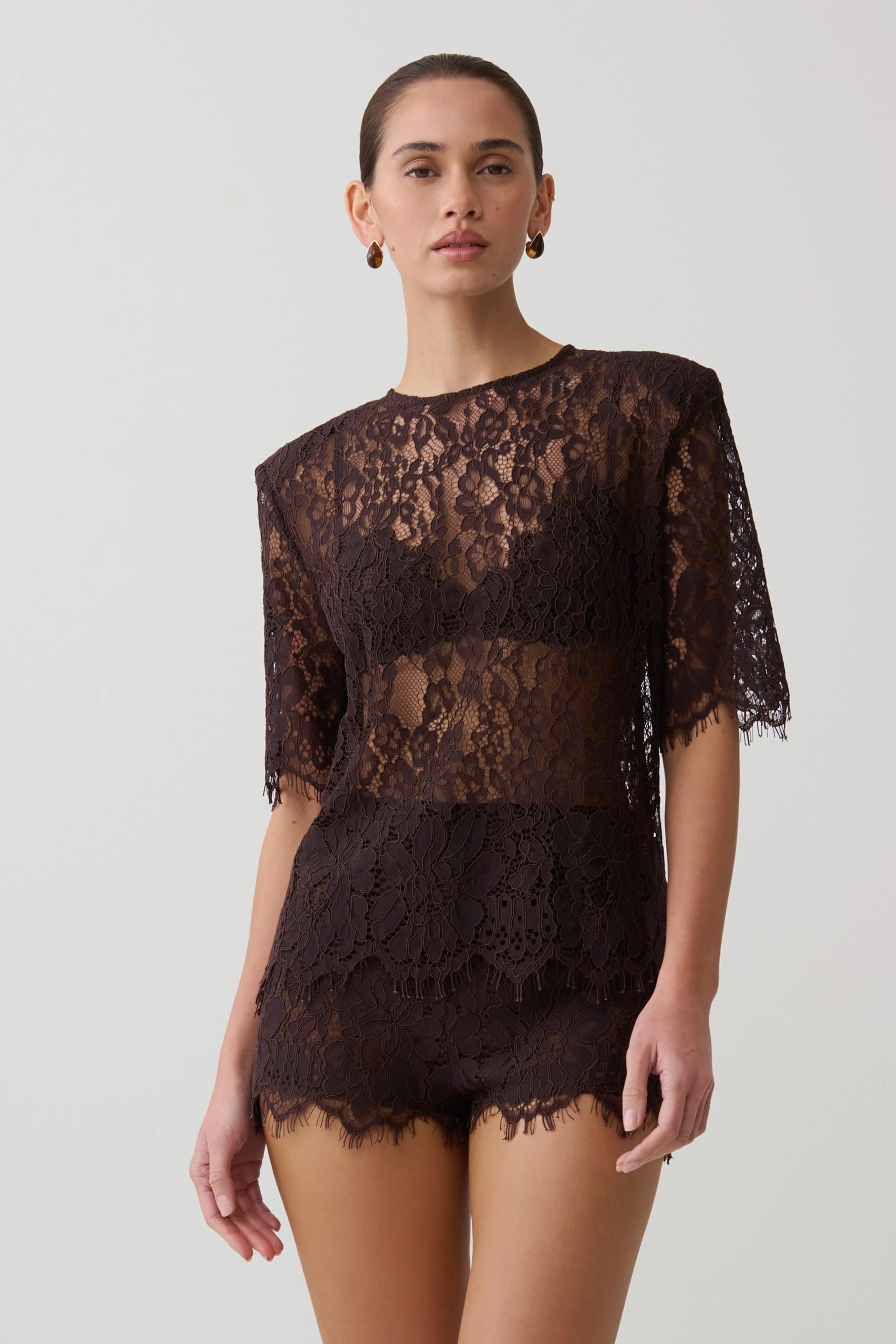 Harlyn Shoulder Pad Short Sleeve Lace Top - Dark Chocolate - Image 3