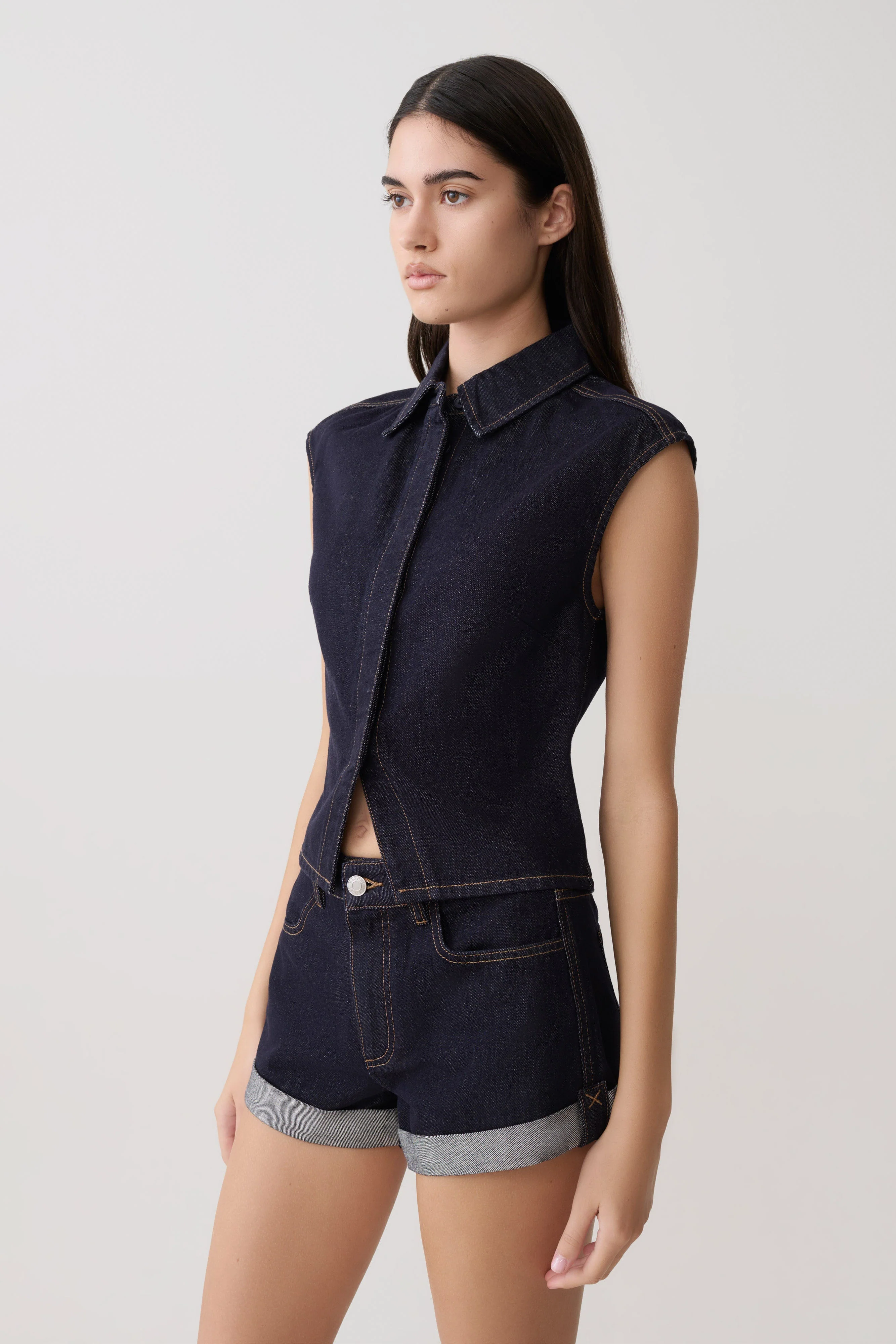 Jeremy Collared Denim Longline Top - Washed Indigo Blue - Image 3