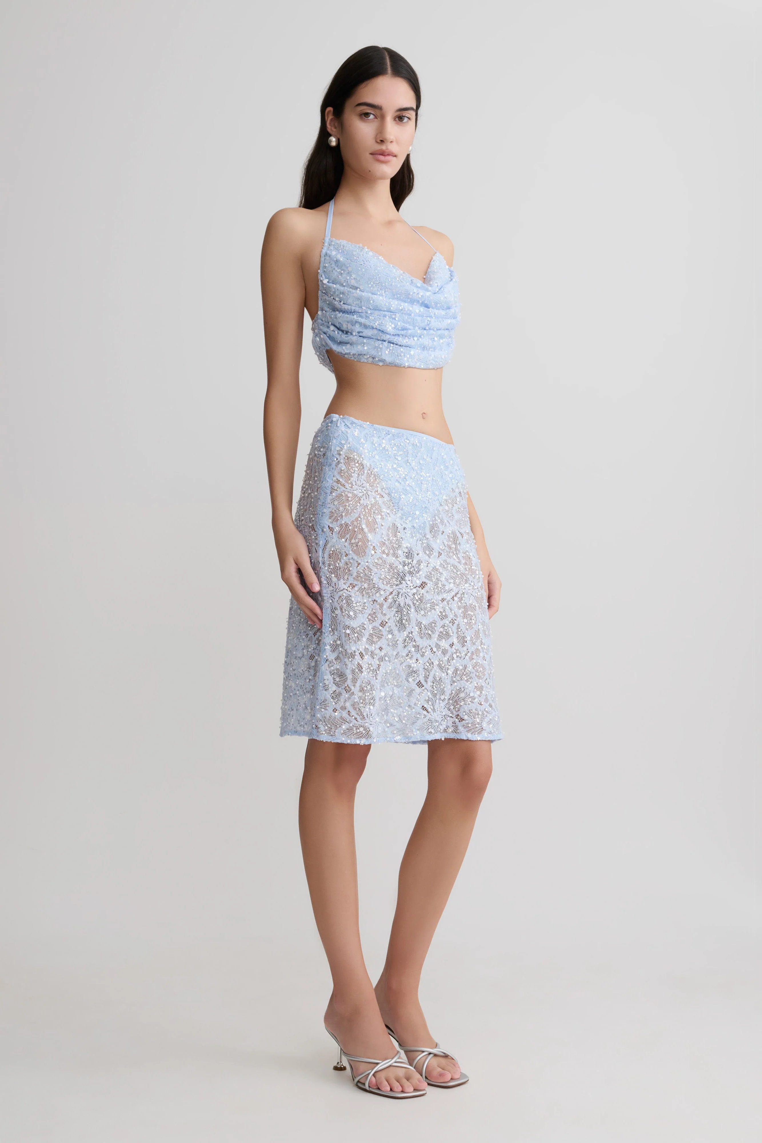 Kiara Pearl Beaded Midi Skirt - Powder Blue - Image 5