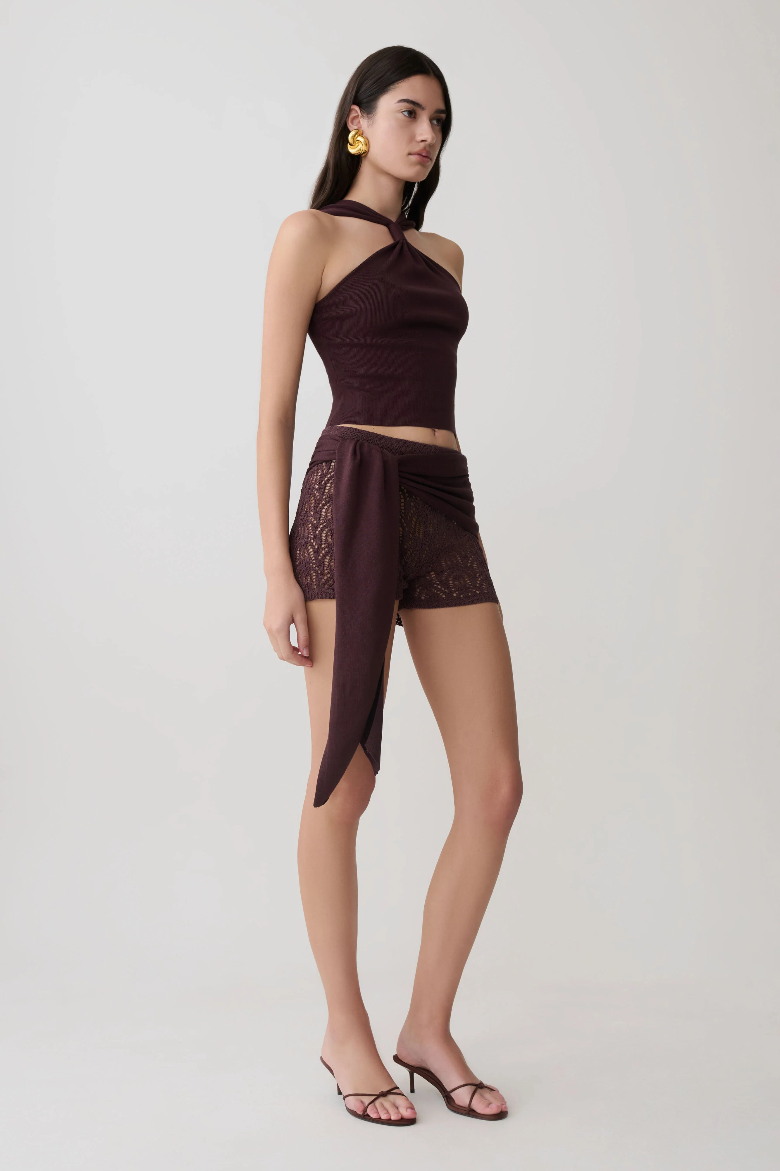 Liora Crochet Shorts With Knit Overlay - Chocolate - Image 5