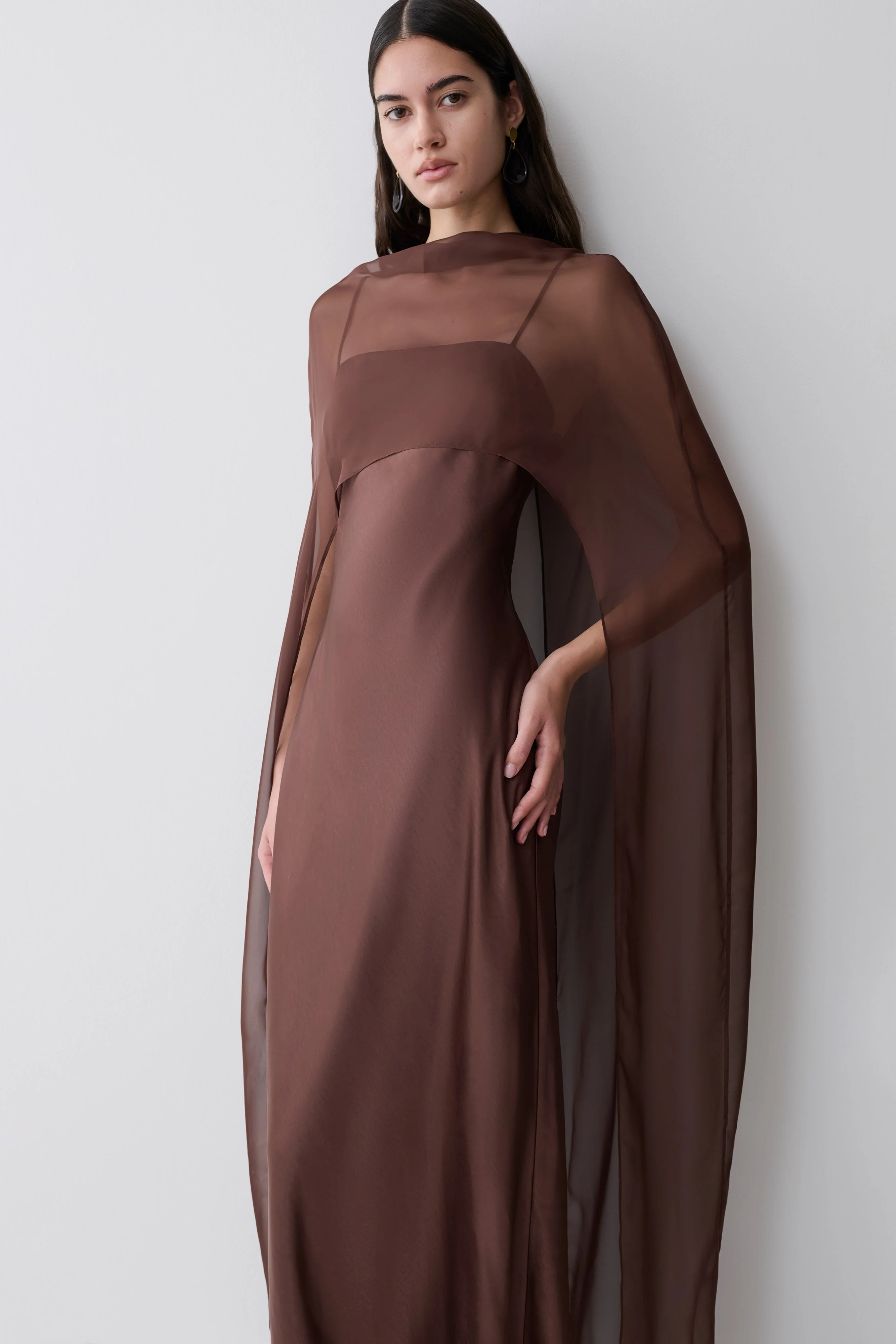 Martinne Chiffon Cape Maxi Dress - Mocha - Image 3