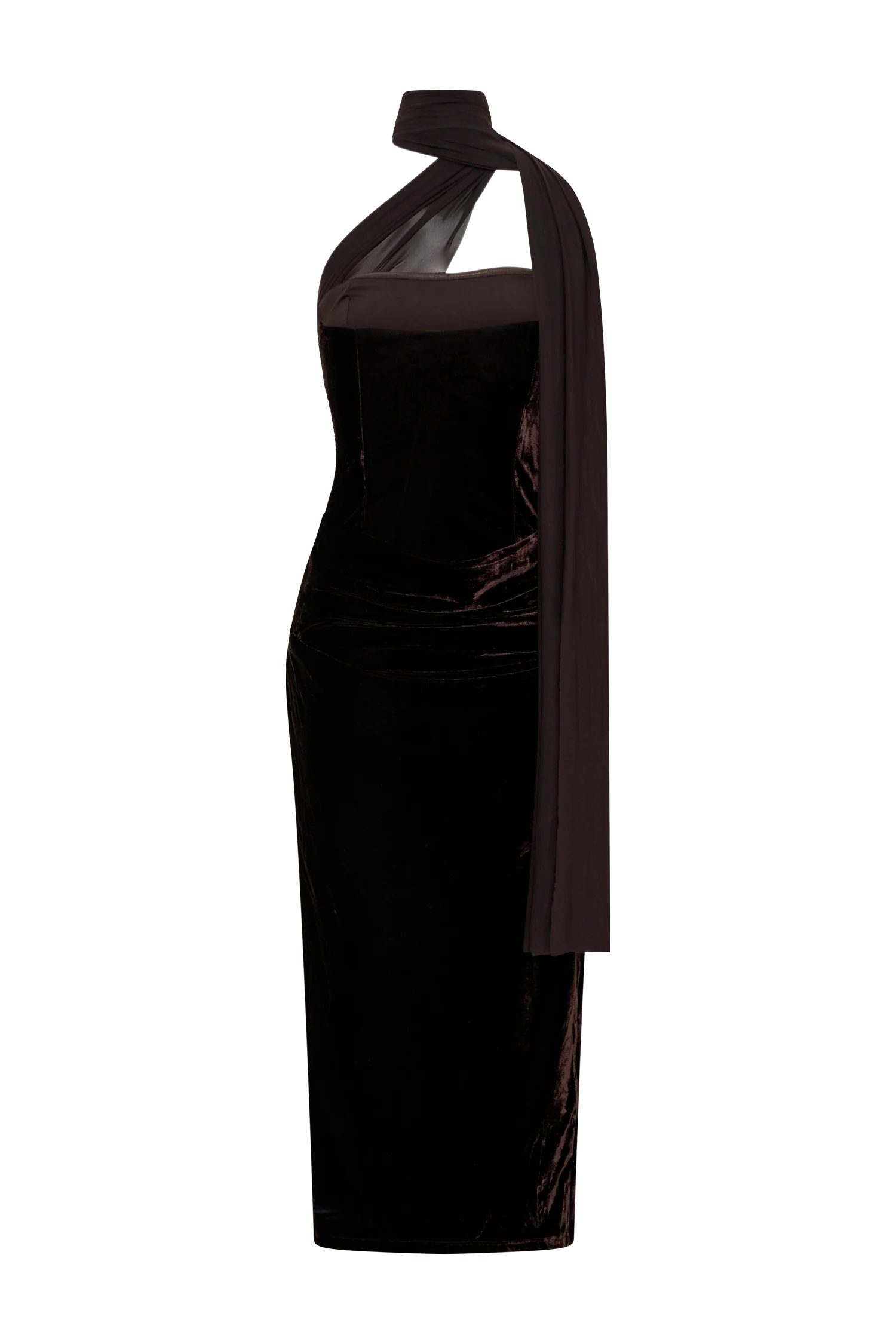 Mattea Velvet Midi Dress With Scarf - Chocolate - Image 6