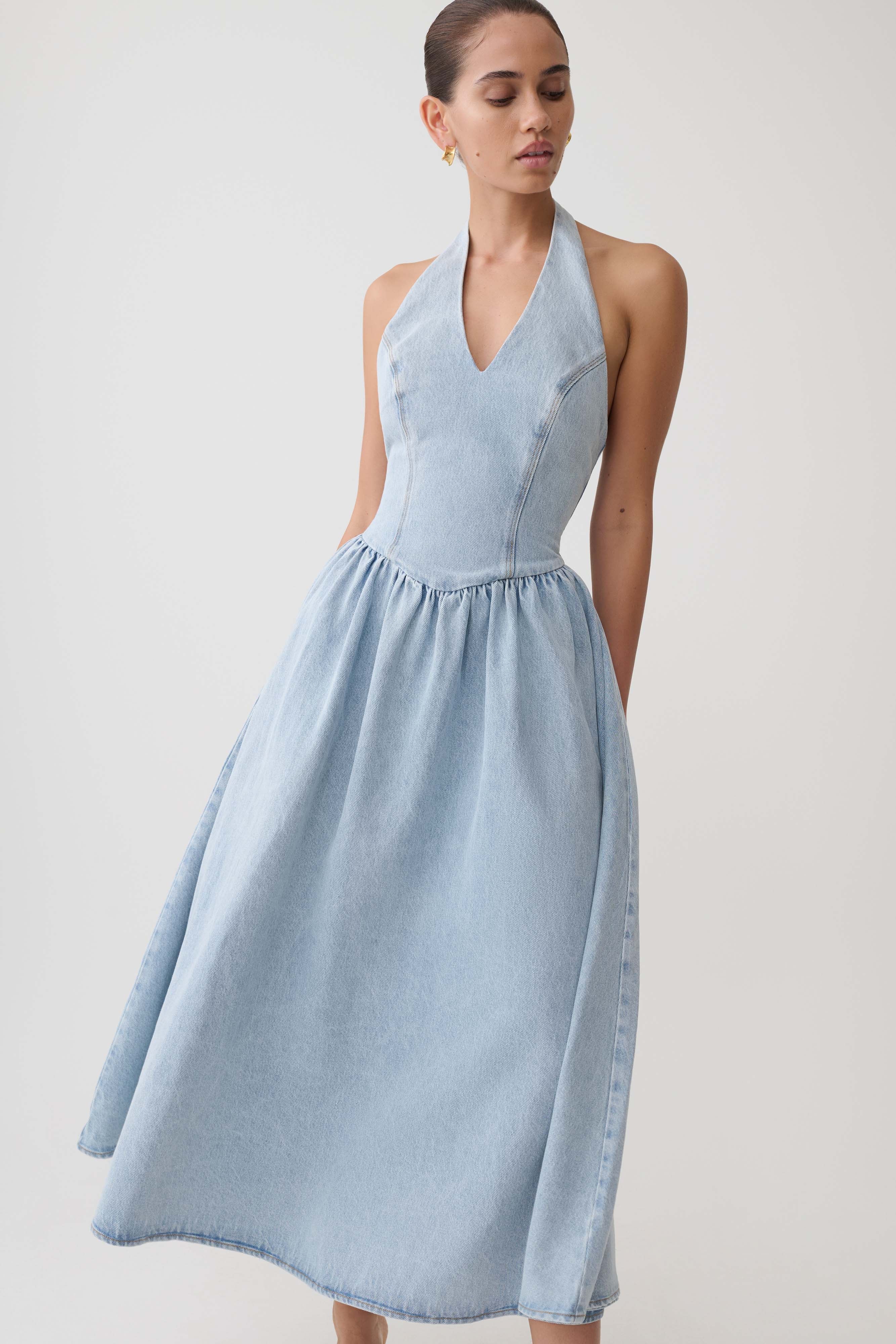 Miller Denim Halter Midi Dress - Classic Blue - Image 3