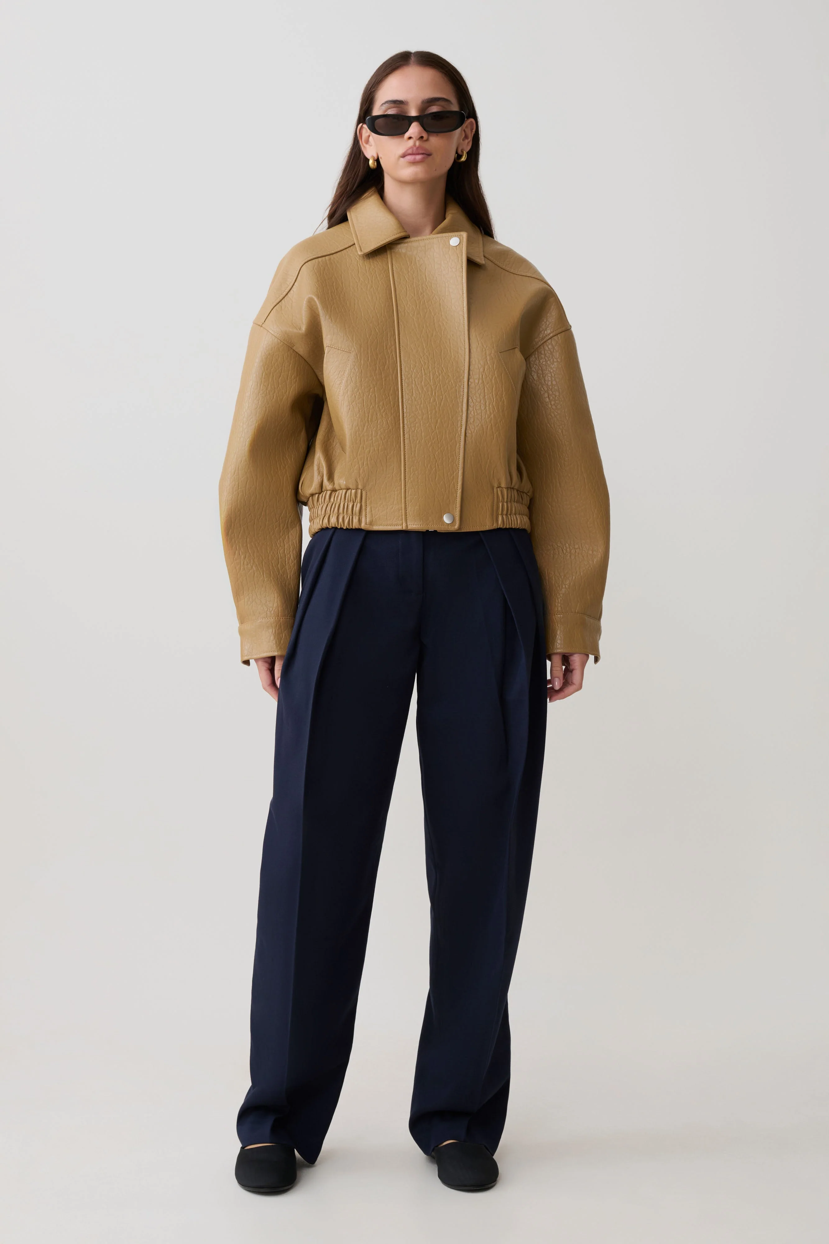 Paige Faux Leather Cropped Jacket - Beige - Image 6