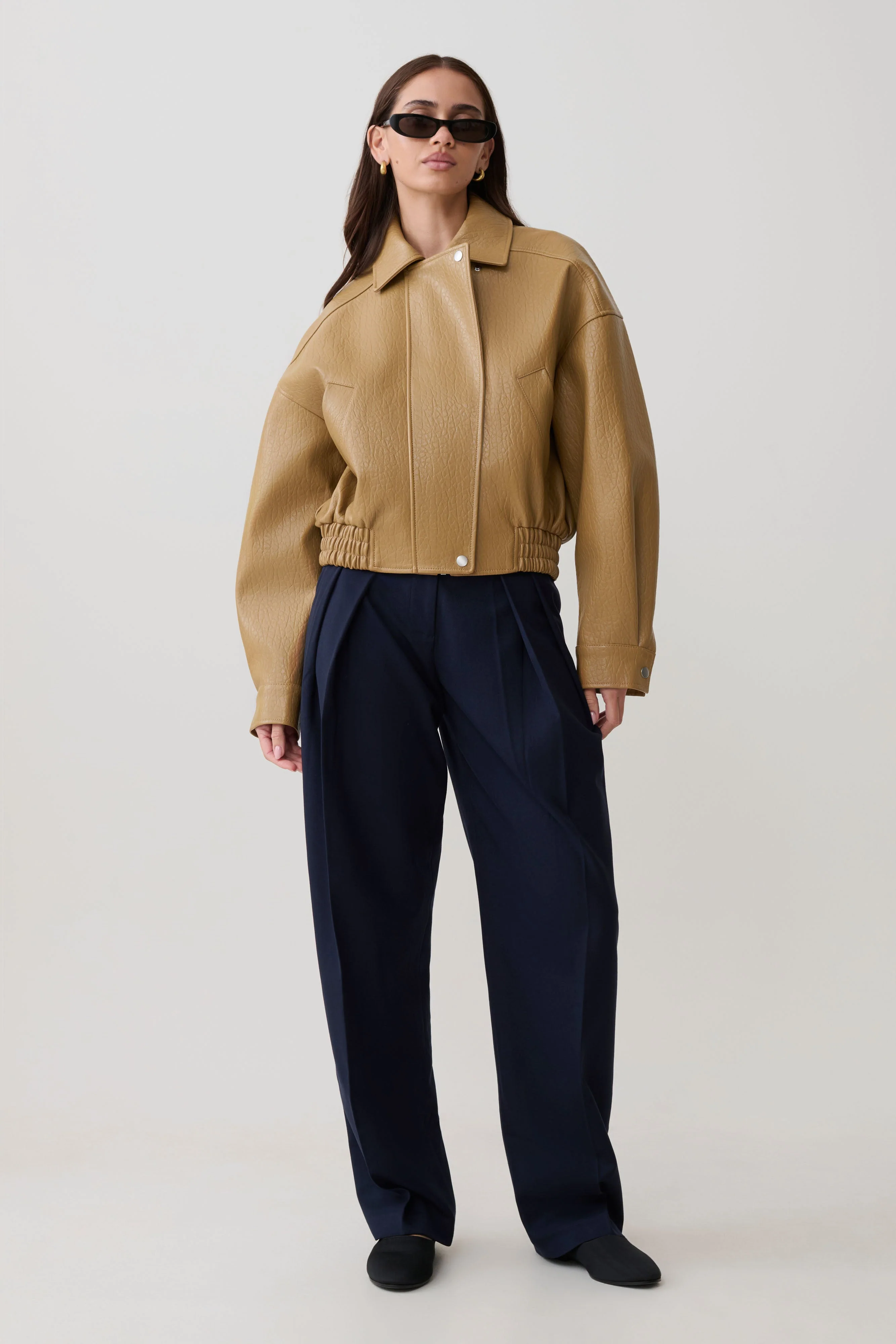 Paige Faux Leather Cropped Jacket - Beige - Image 7