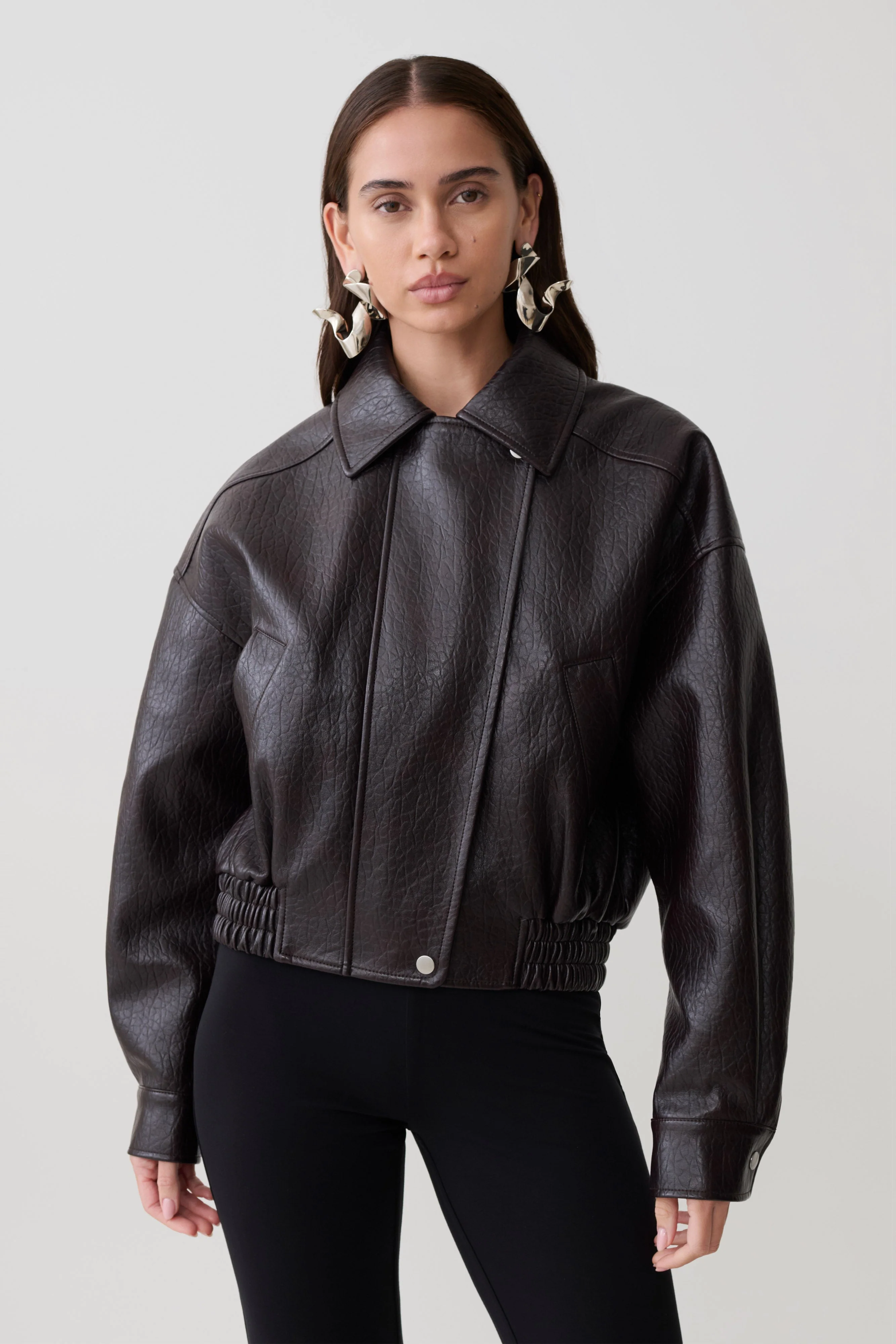 Paige Faux Leather Cropped Jacket - Cherry Brown - Image 3