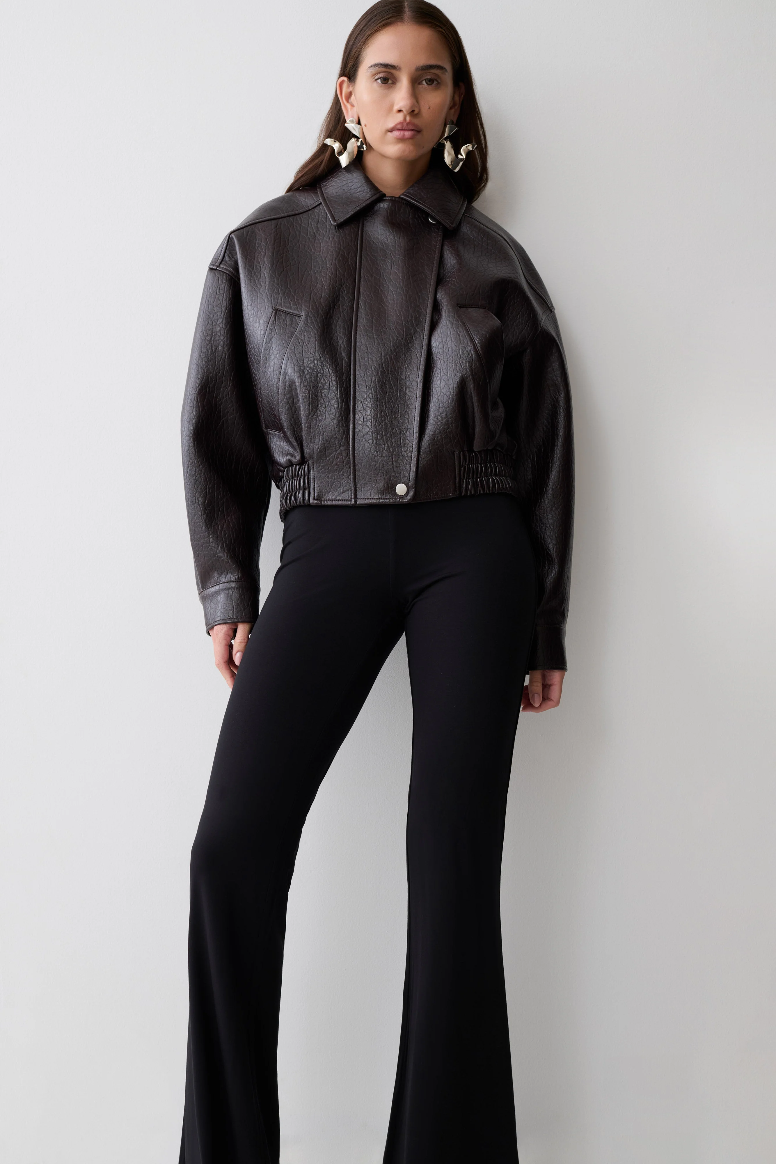 Paige Faux Leather Cropped Jacket - Cherry Brown - Image 4