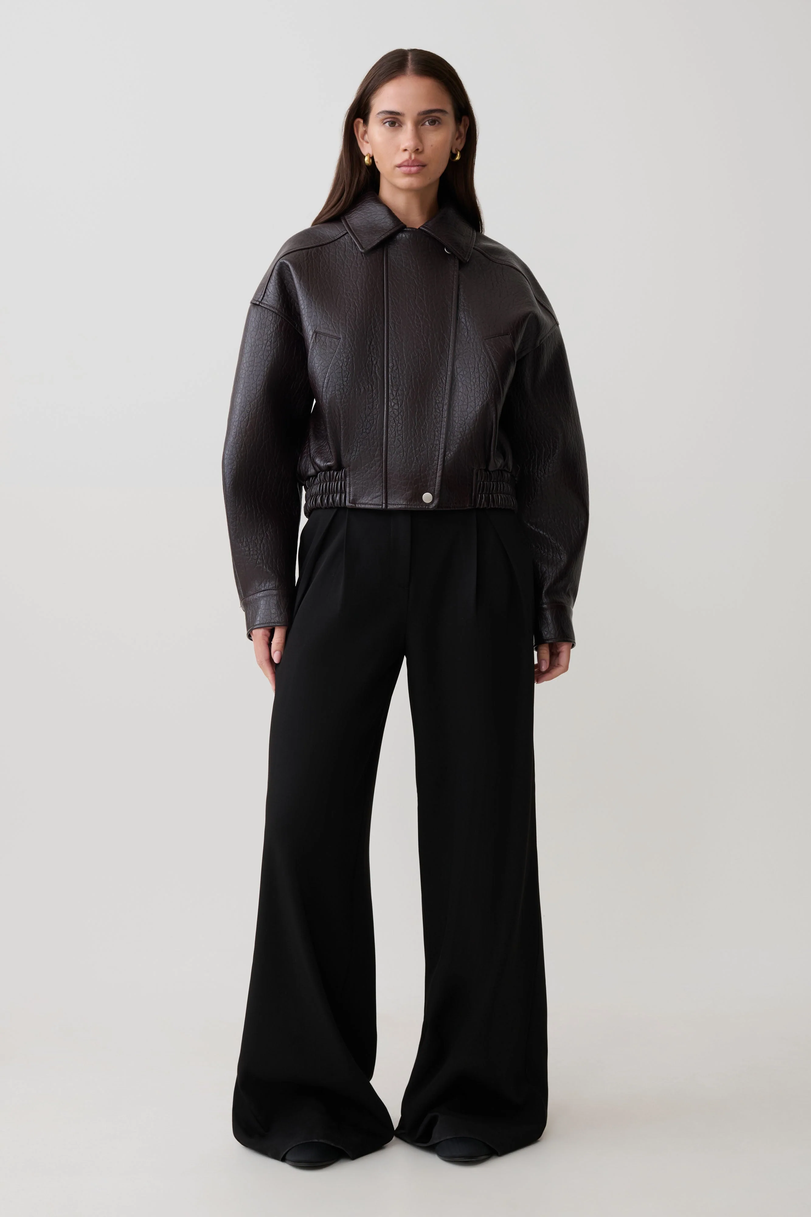 Paige Faux Leather Cropped Jacket - Cherry Brown - Image 8