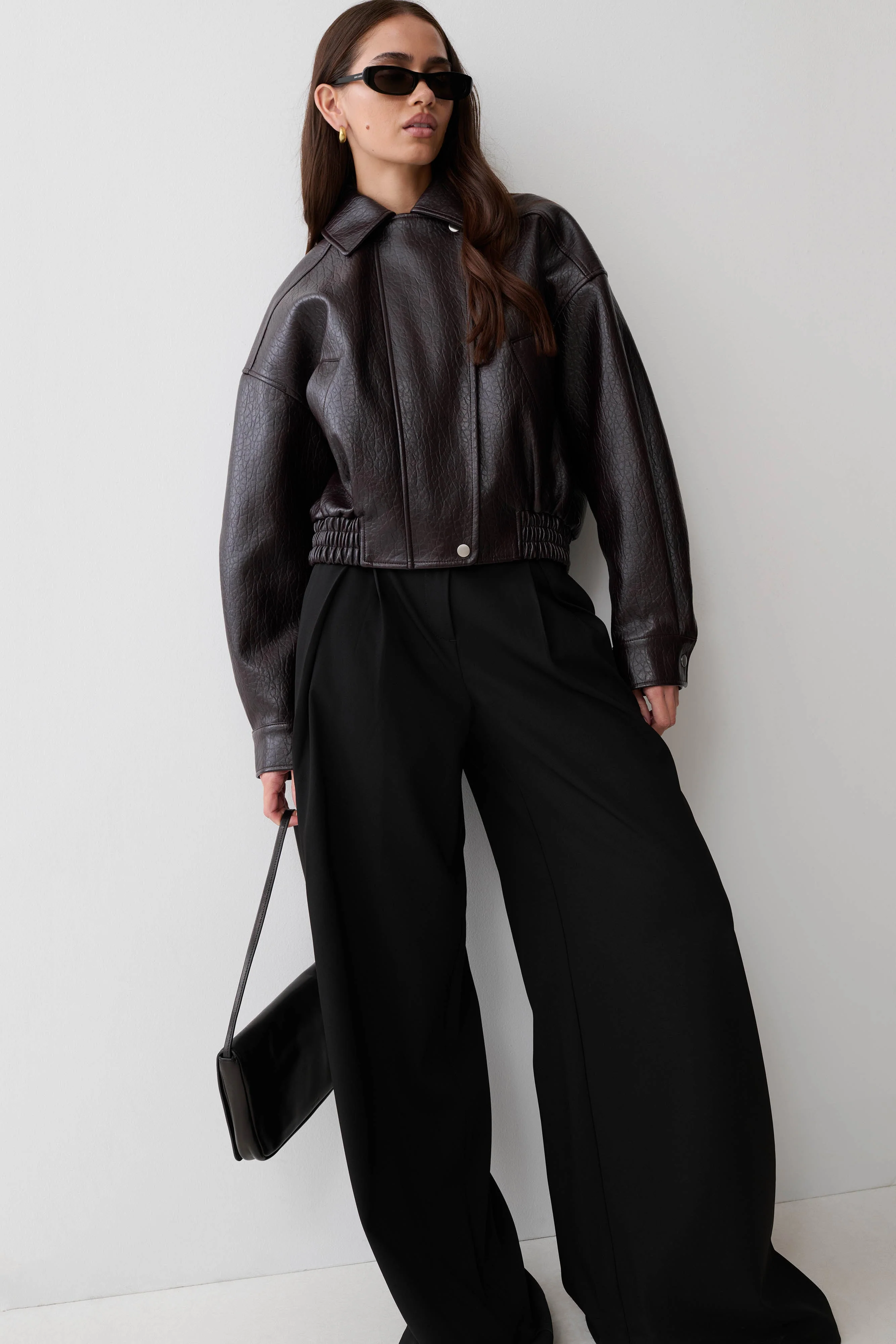 Paige Faux Leather Cropped Jacket - Cherry Brown - Image 9
