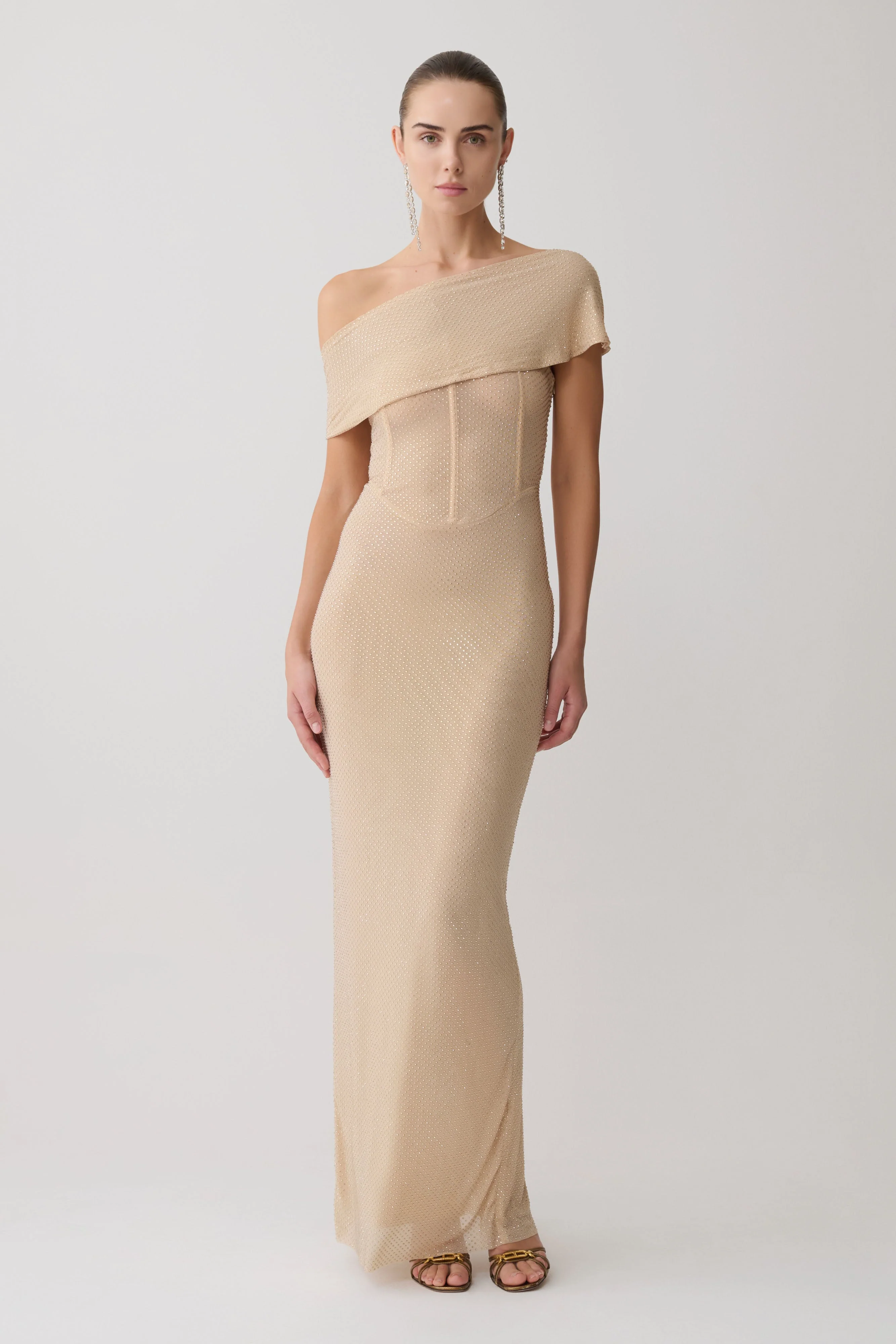Phi Multi-Wear Cowl Diamante Maxi Dress - Gold - Image 8