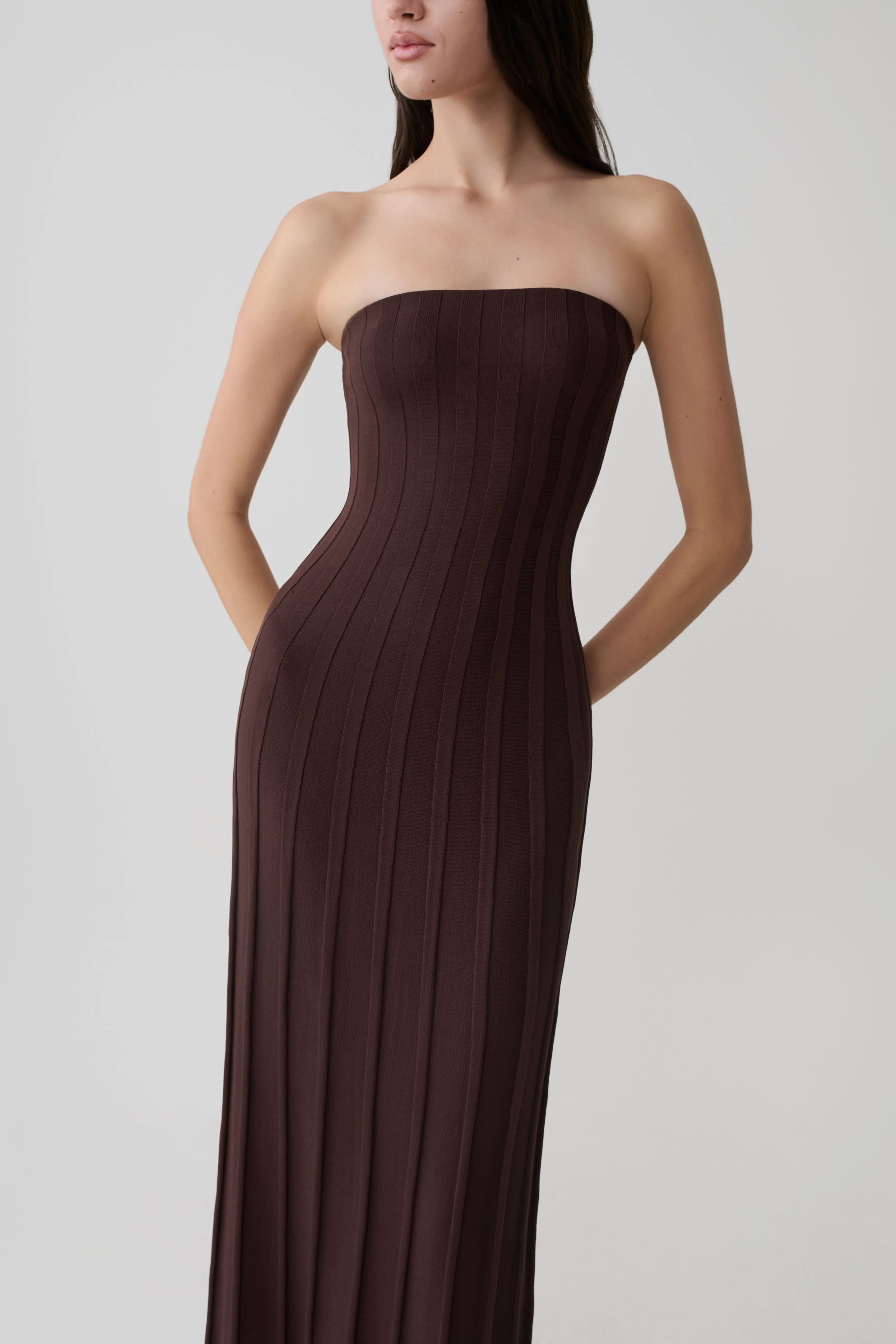 Pia Ribbed Strapless Maxi Dress - Chocolate - Image 3