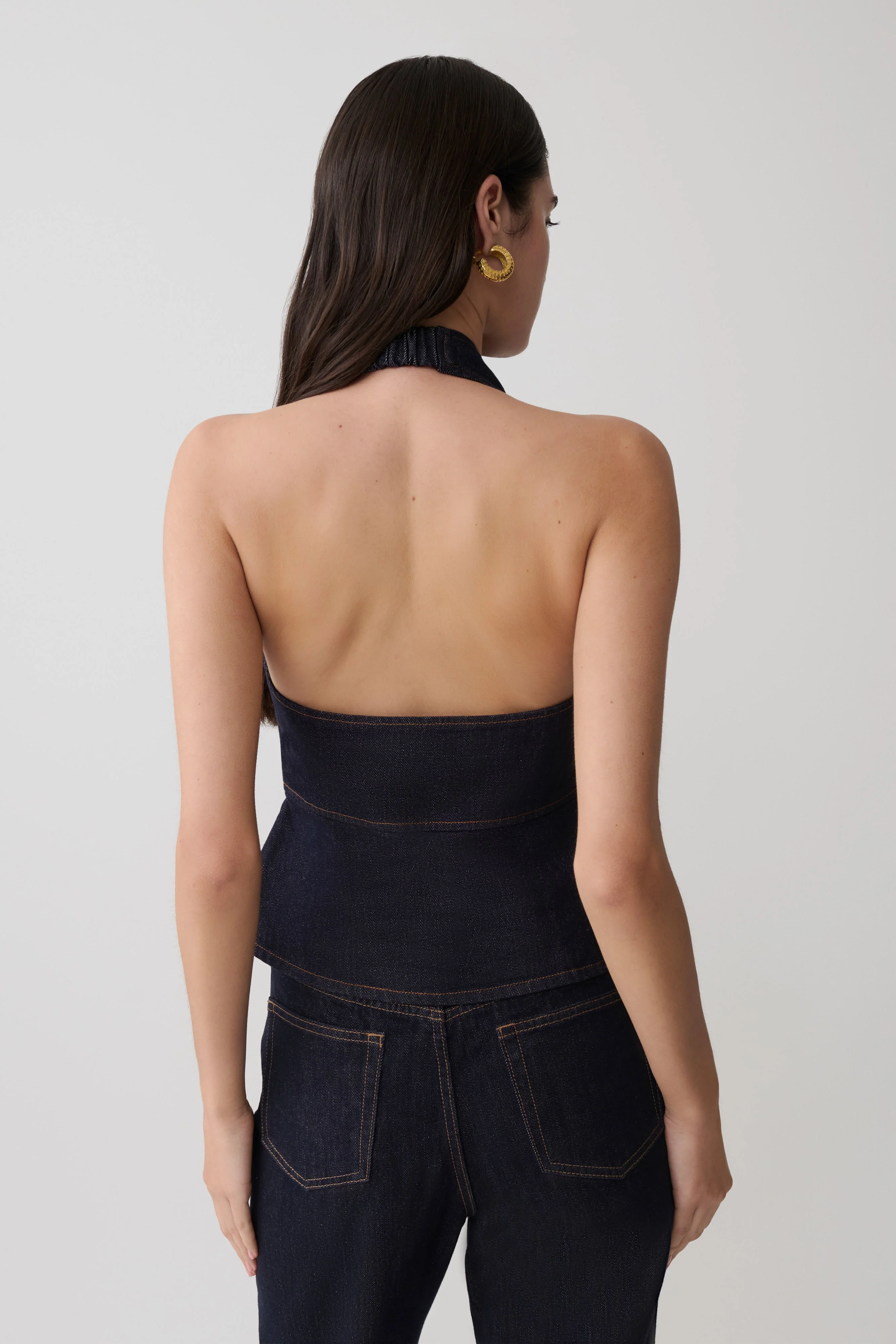 Rema Halter Longline Denim Top - Washed Indigo Blue - Image 2