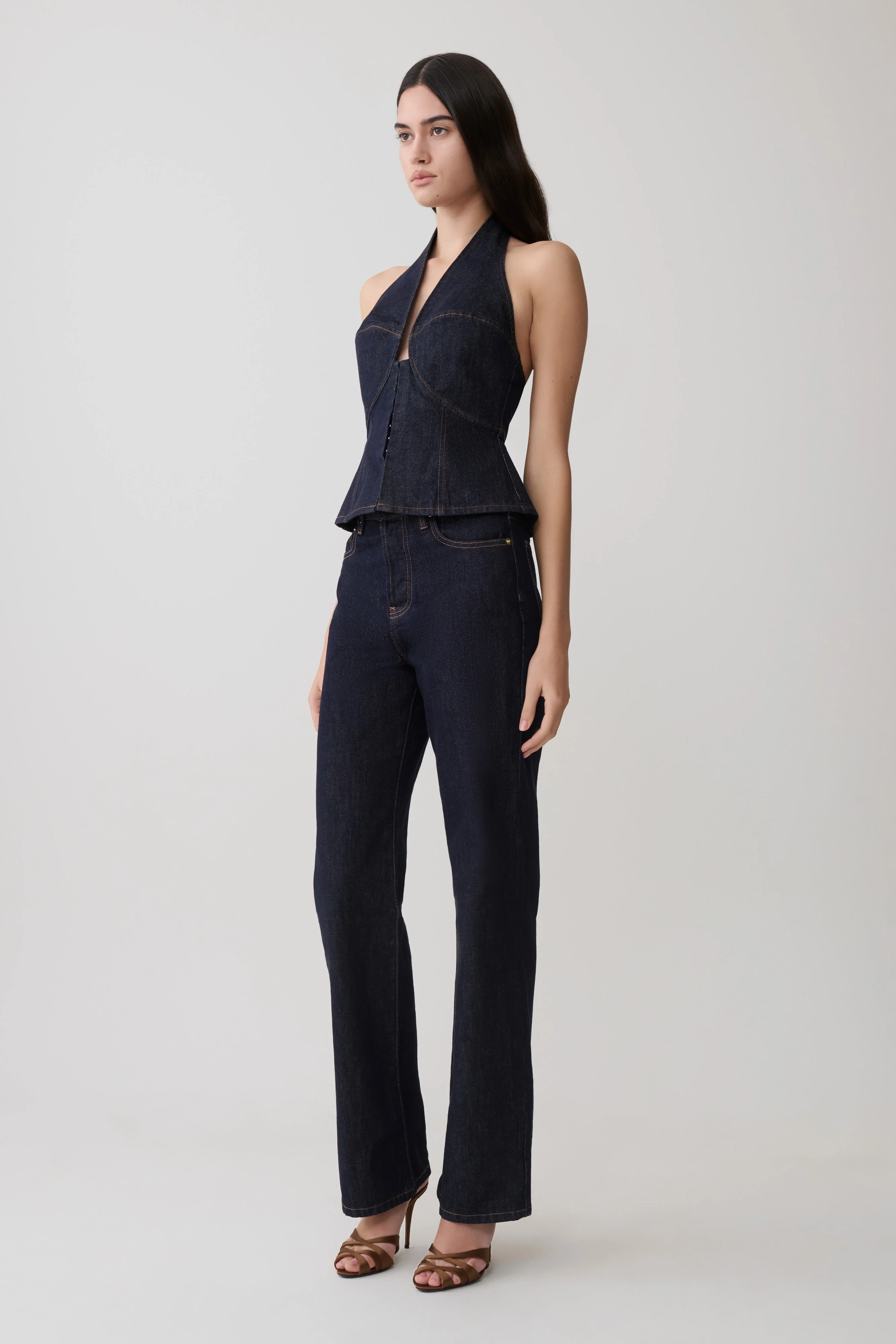 Rema Halter Longline Denim Top - Washed Indigo Blue - Image 4