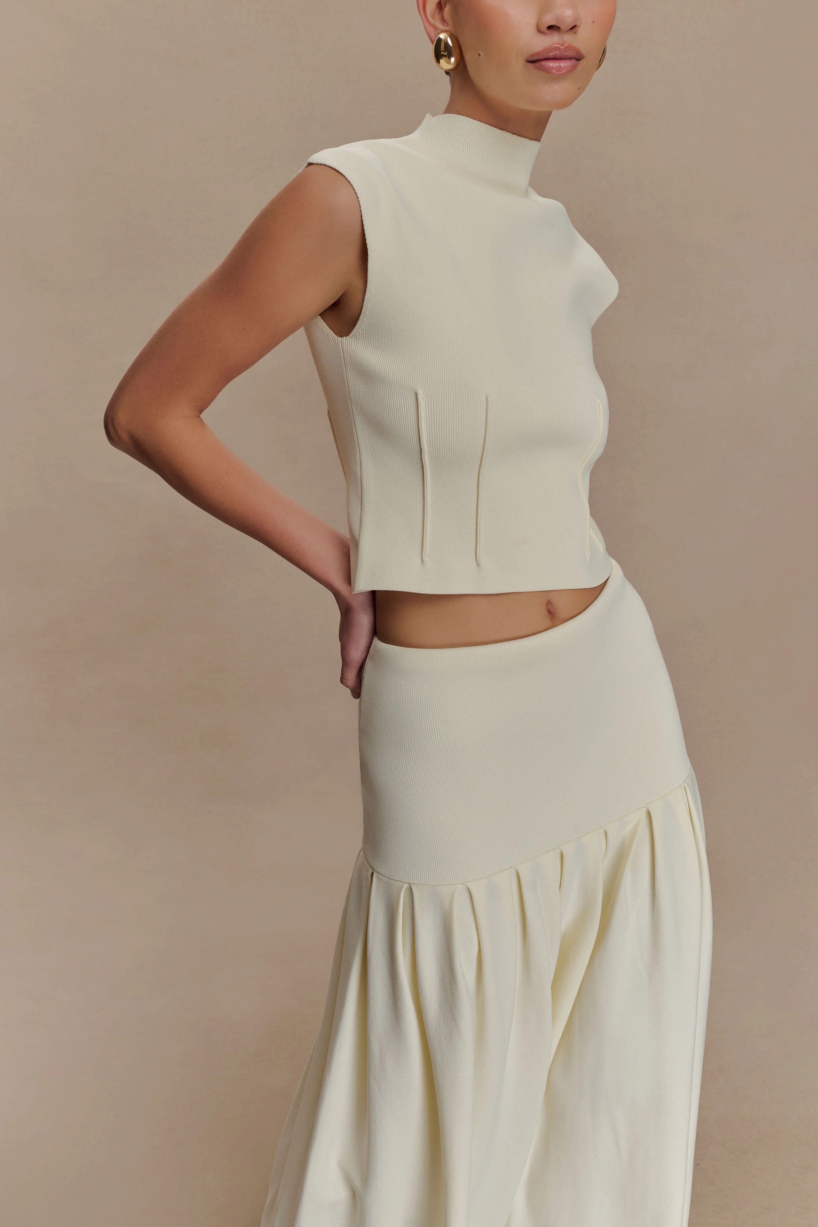 Romaine High Neck Bandage Knit Top - Ivory - Image 3