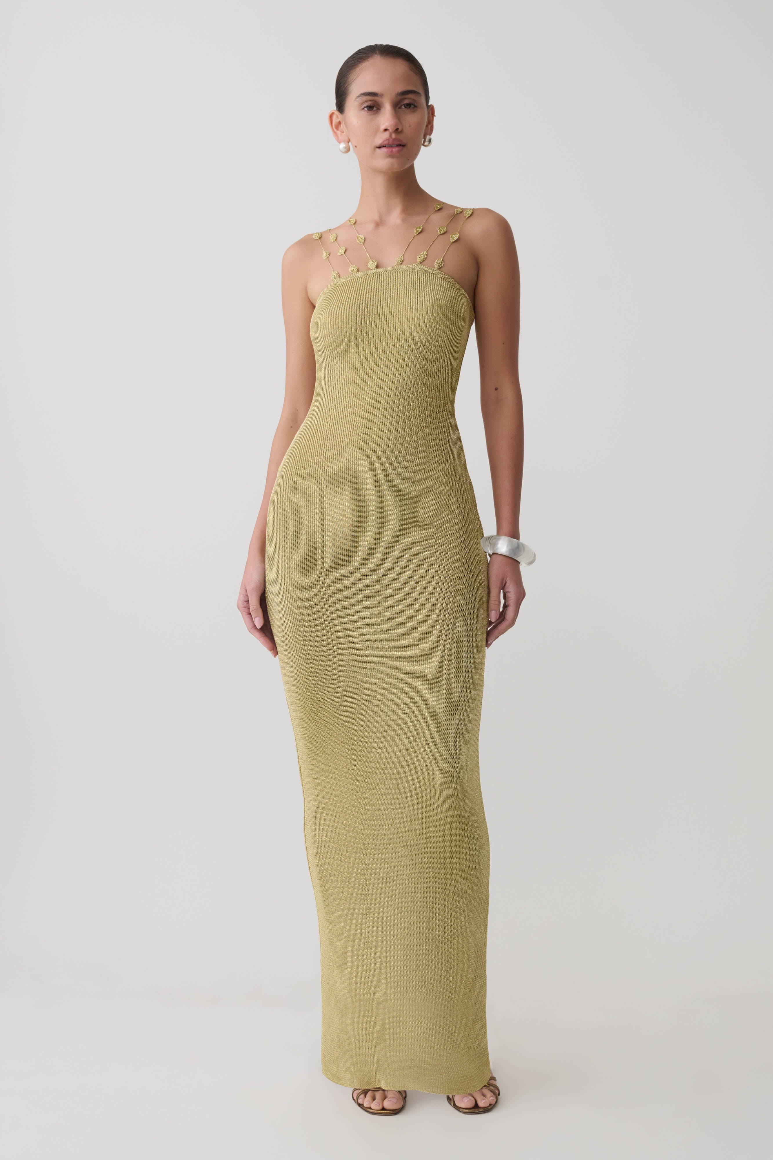Shami Lurex Maxi Dress With Flowers - Gold - Image 2