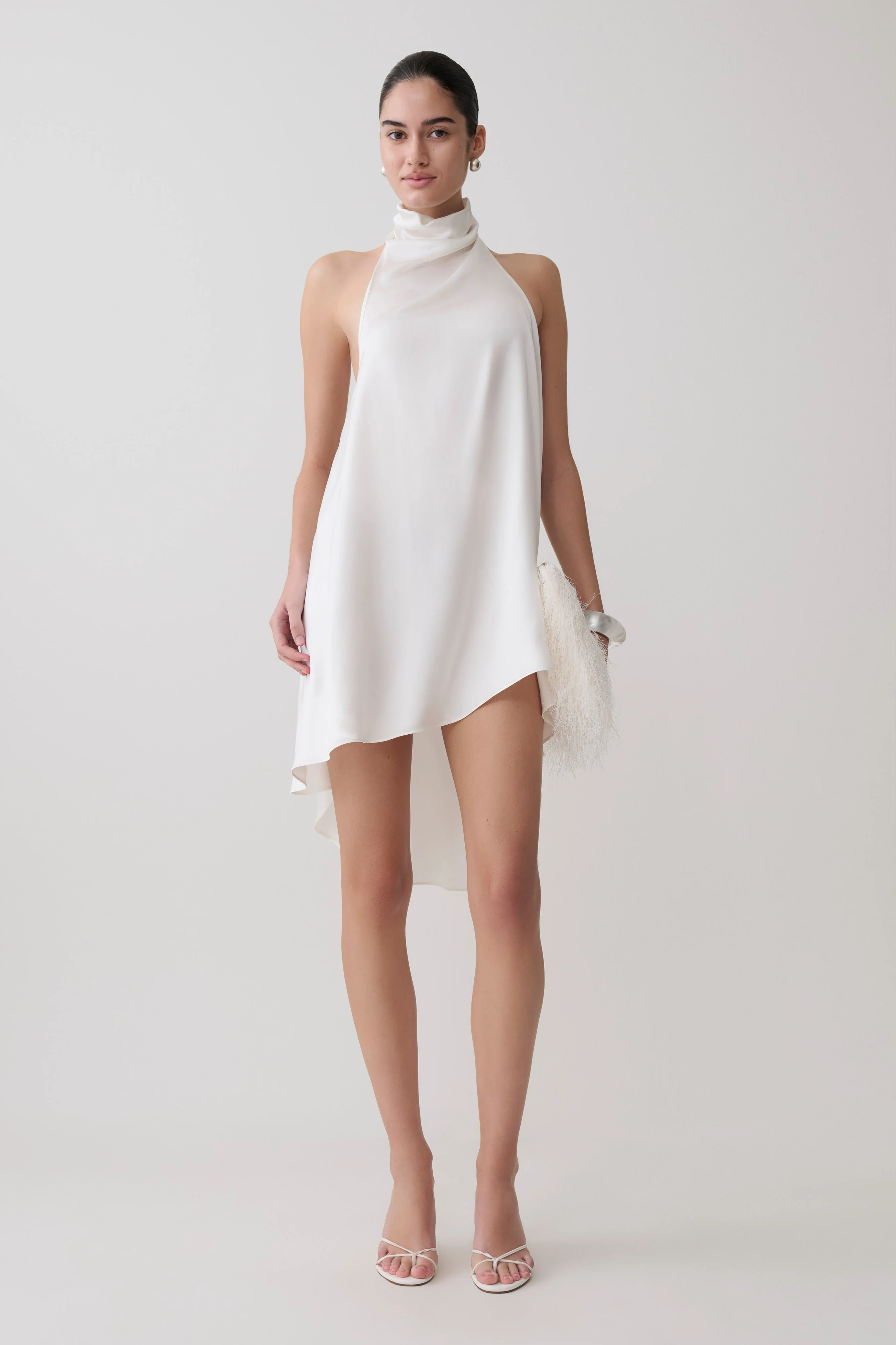 Sydney Asymmetrical Satin Halter Mini Dress - Ivory - Image 6