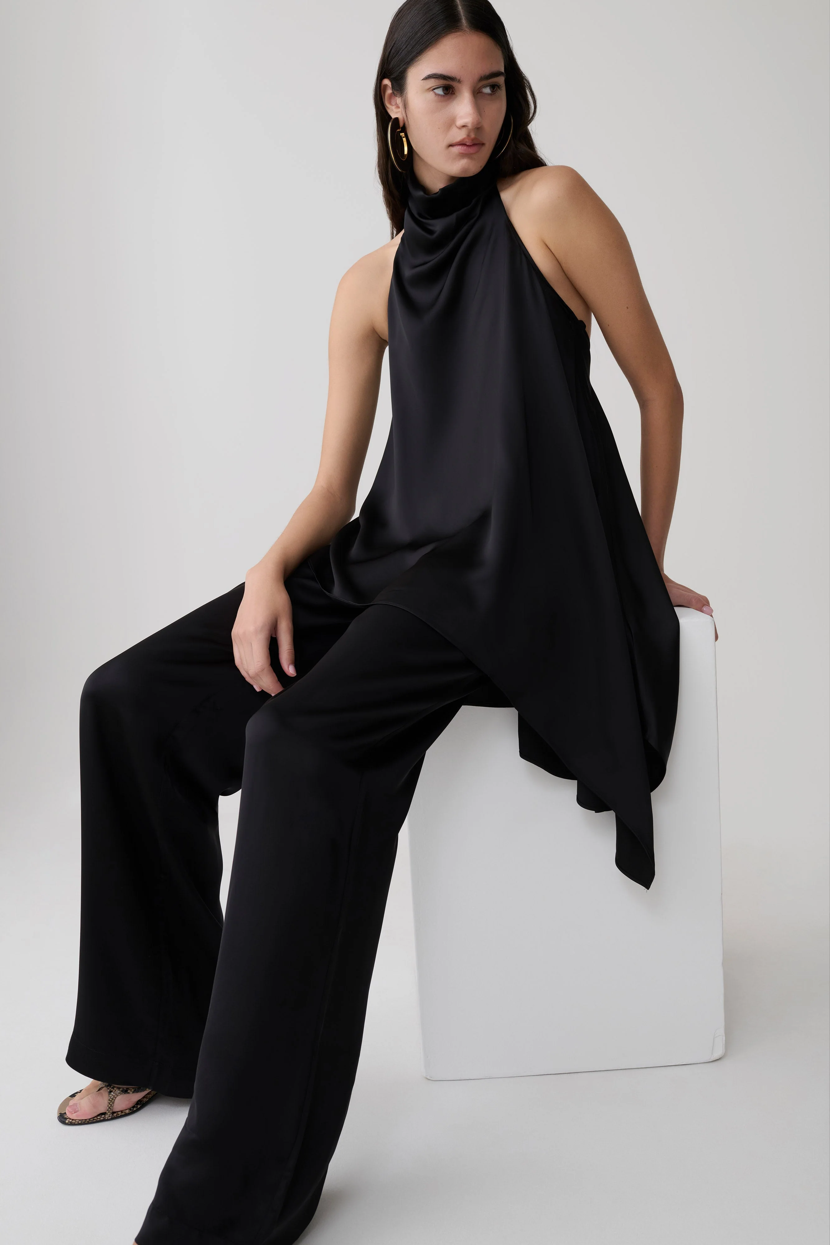 Sydney Asymmetrical Satin Halter Top - Black - Image 3