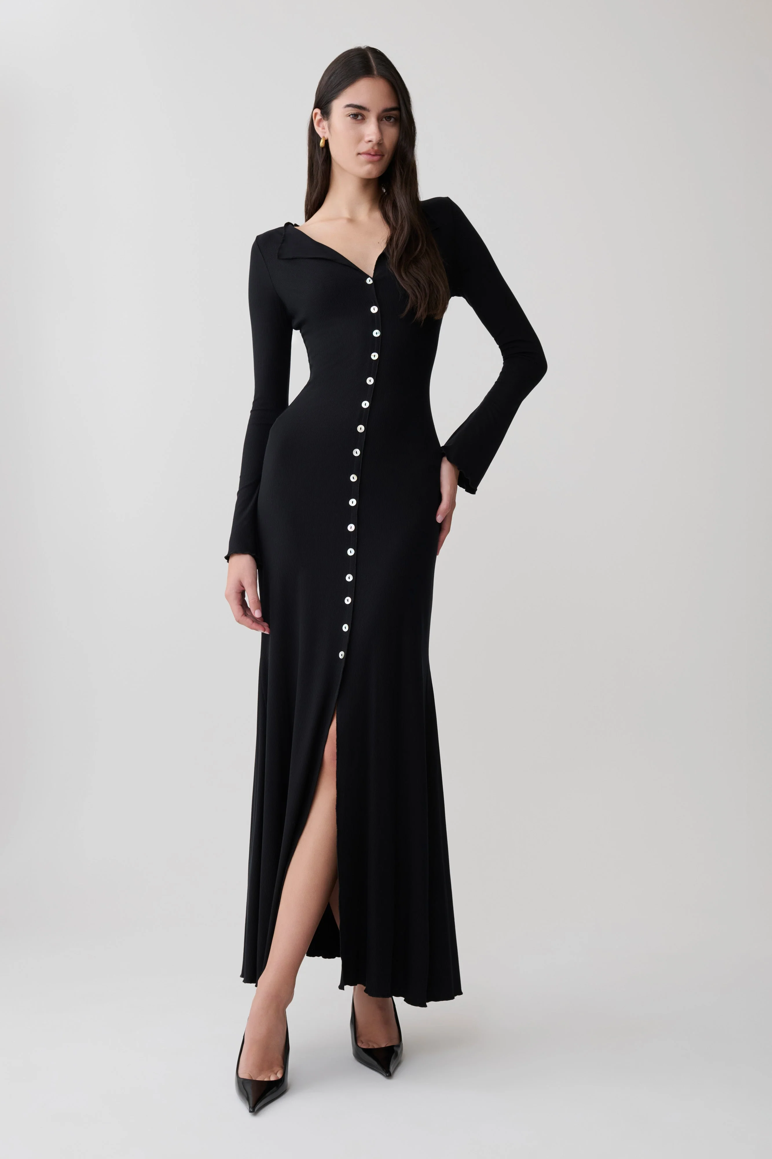 Tanya Buttoned Long Sleeve Maxi Dress - Black - Image 3