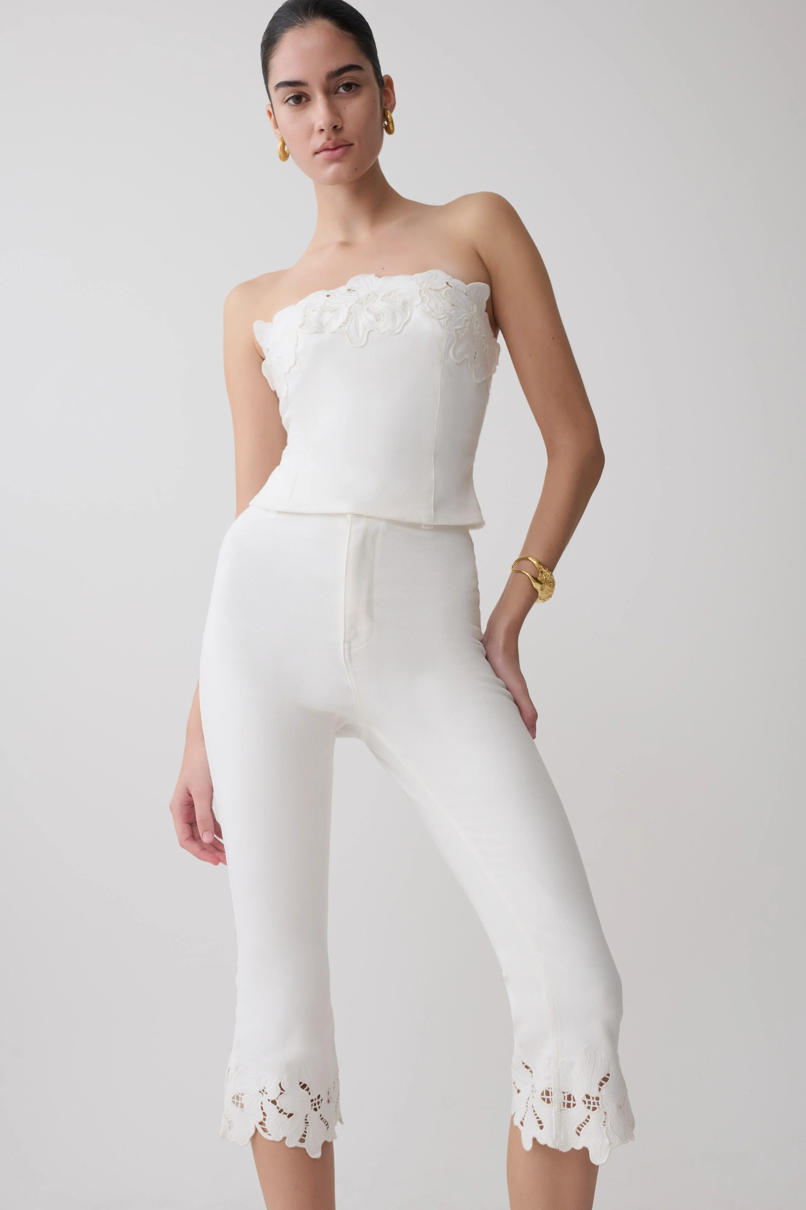 Tillie Flower Embroidery Denim Capris - White - Image 8