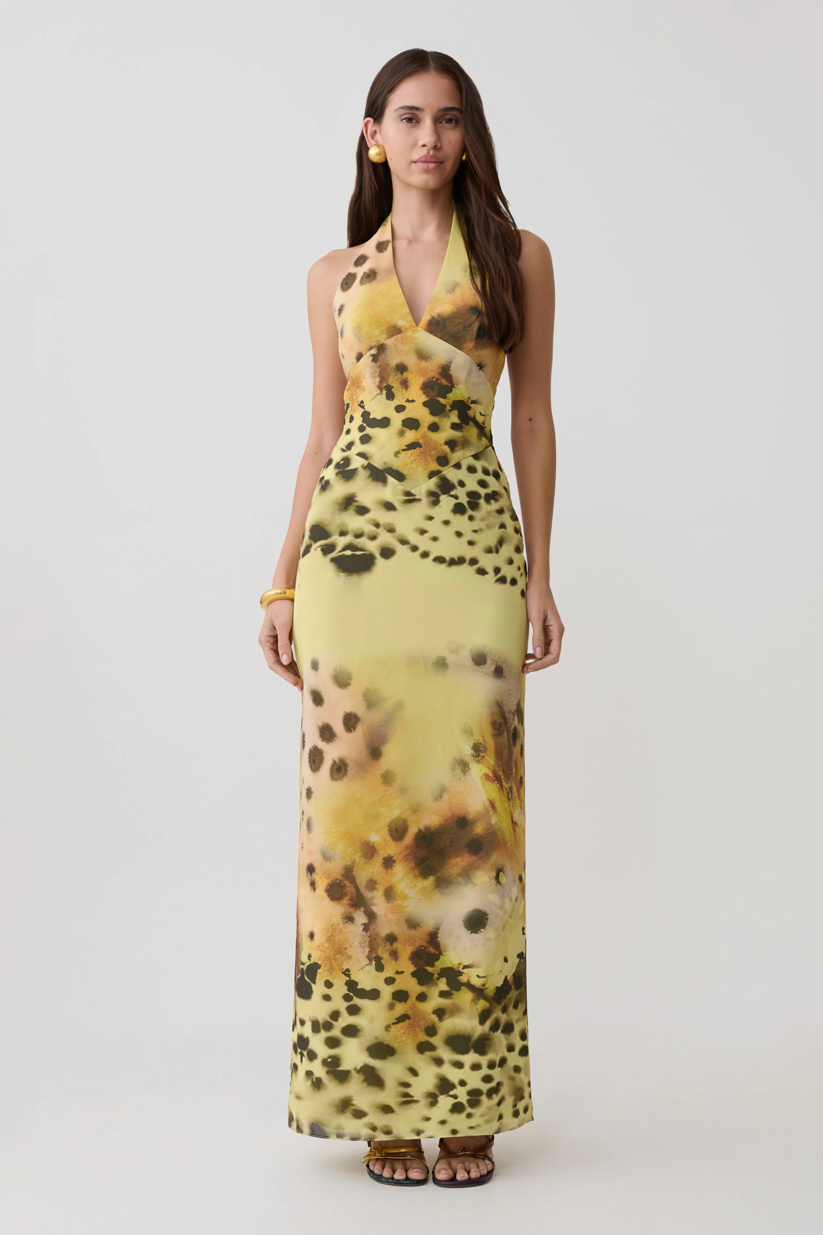 Valentina Chiffon Halter Maxi Dress - Yellow Floral Leopard Print - Image 2