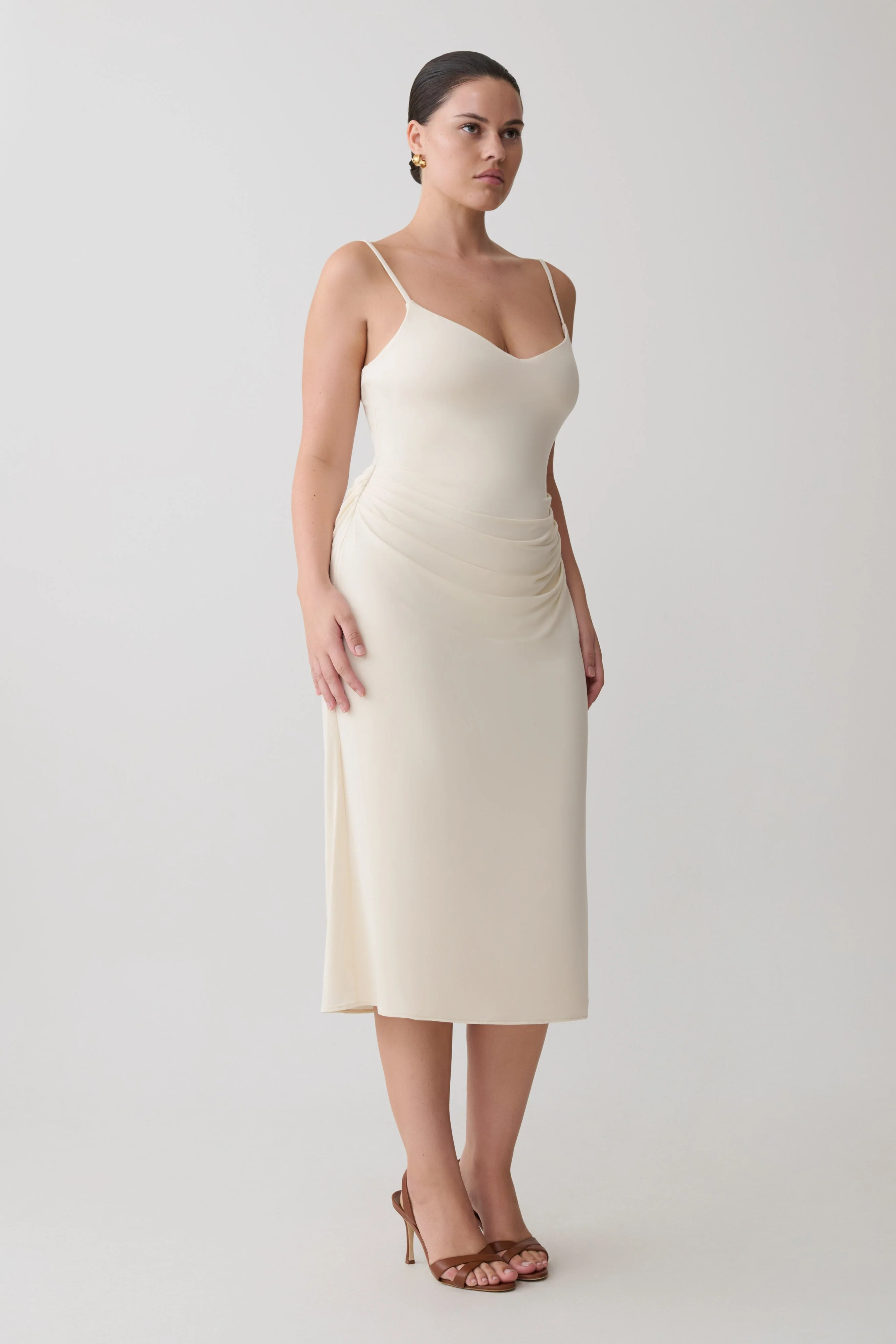 Vina Gathered Jersey Midi Dress - Ivory - Image 6