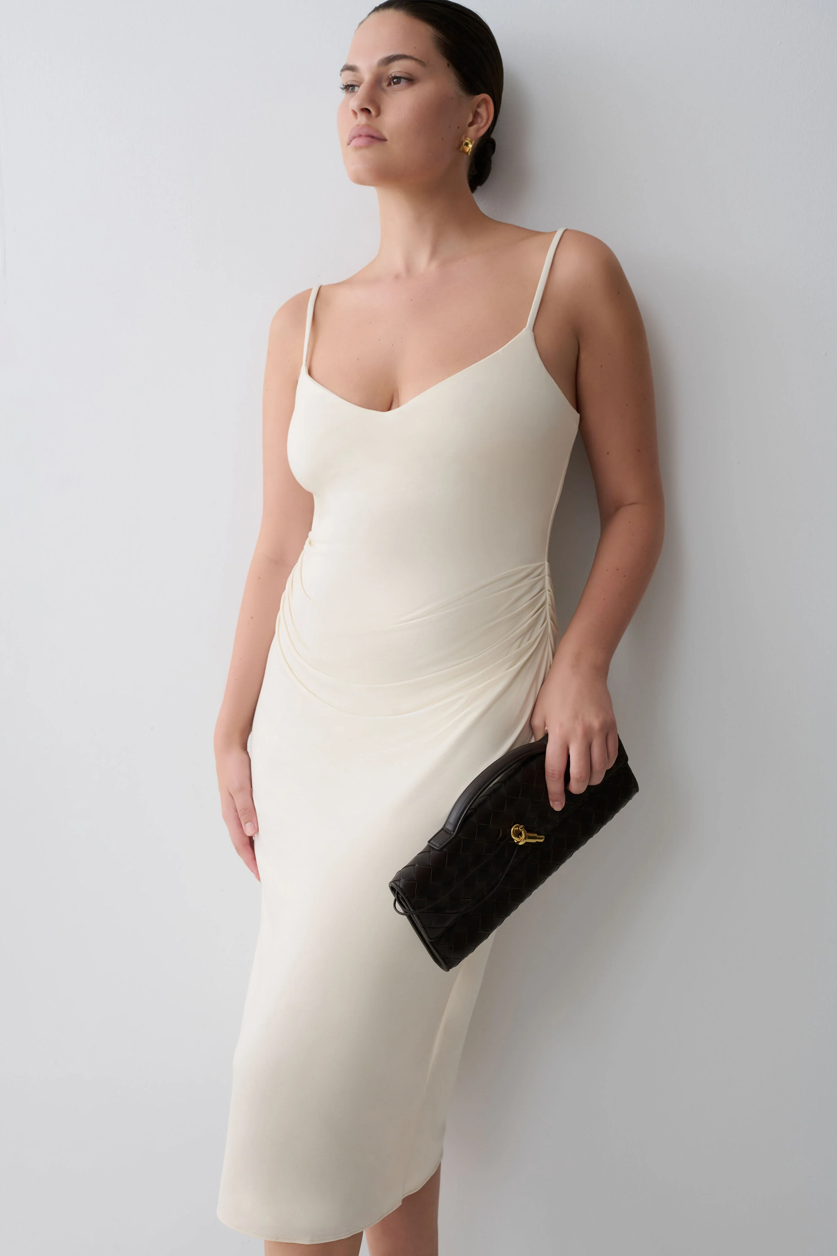 Vina Gathered Jersey Midi Dress - Ivory - Image 8