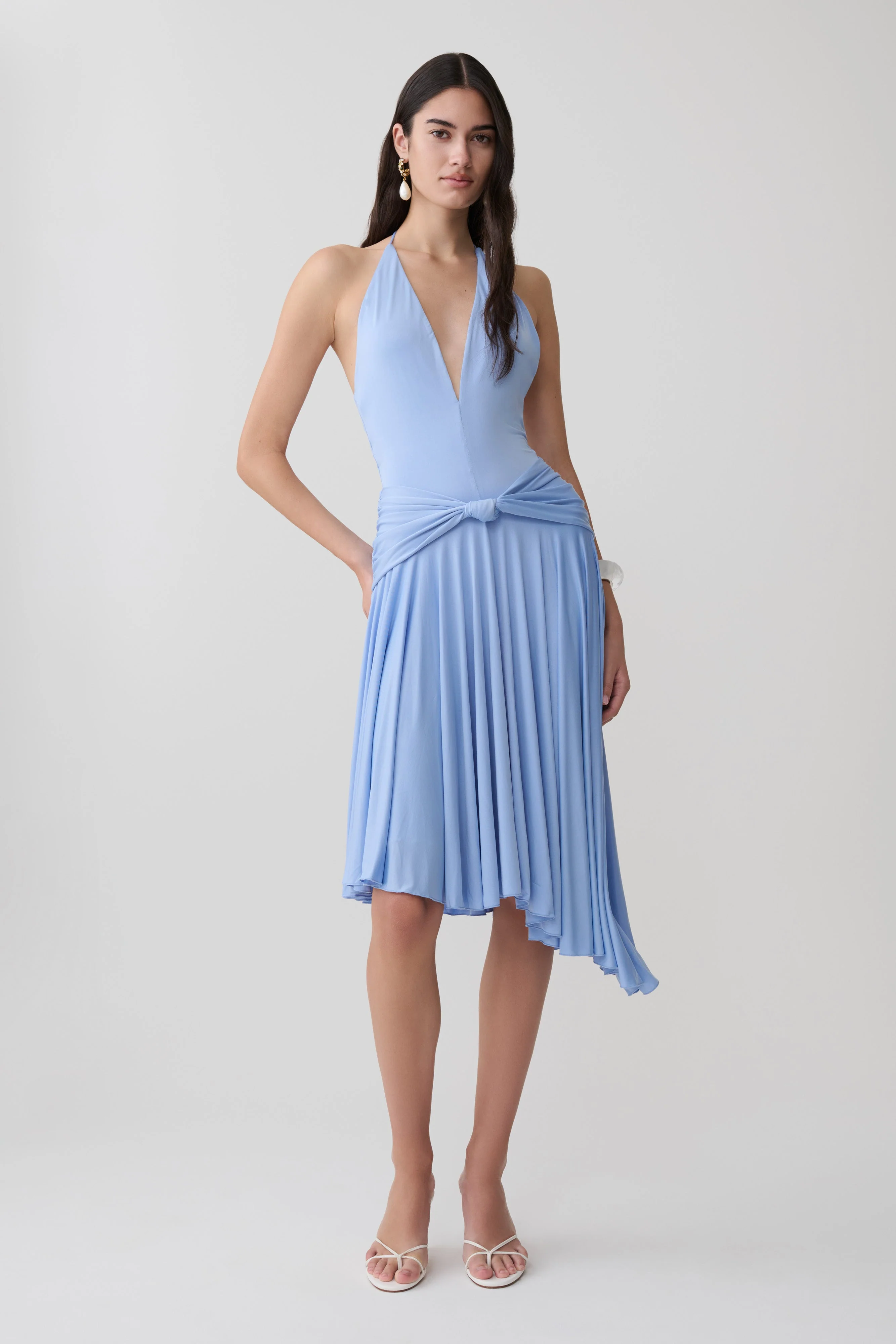 Zelda Asymmetric Slinky Midi Dress - Cornflower Blue - Image 5